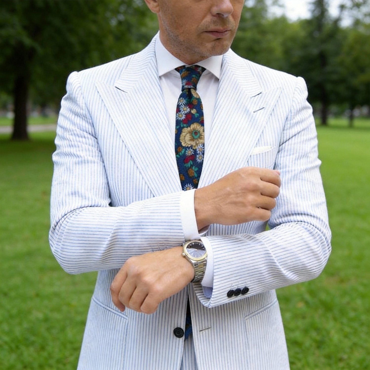 Dark Blue With Beige Floral Necktie