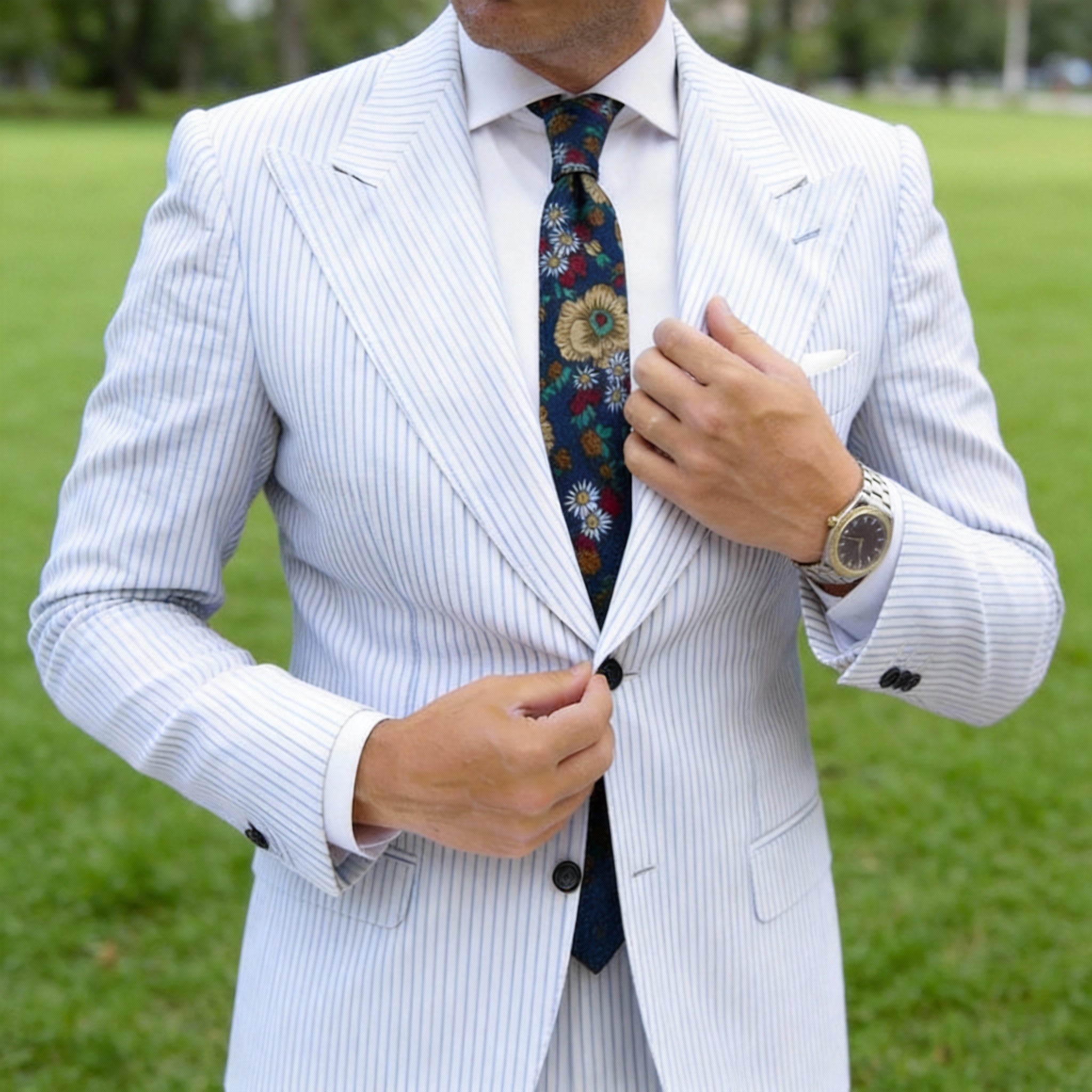 Dark Blue With Beige Floral Necktie