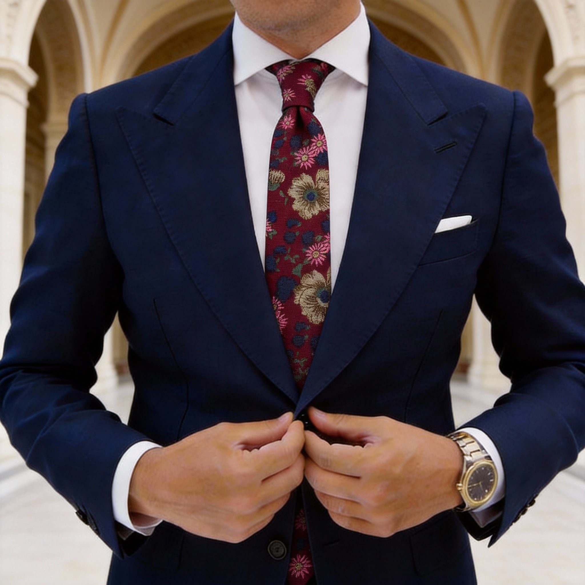 Burgundy With Beige Floral Necktie