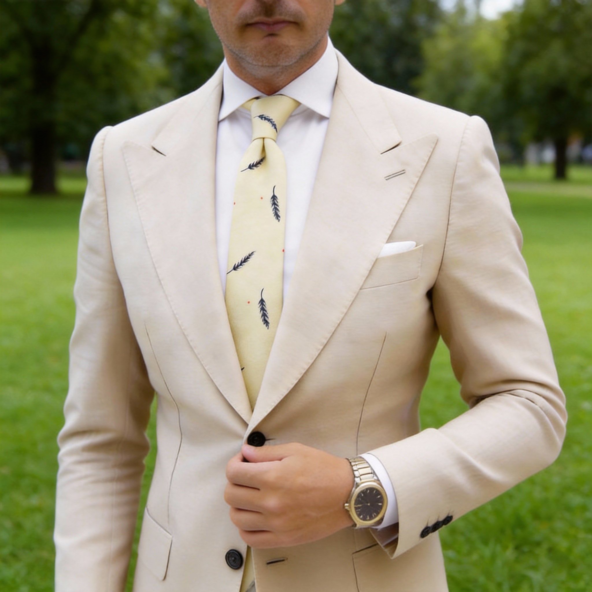 Light Yellow with Blue Feather & Dot Necktie