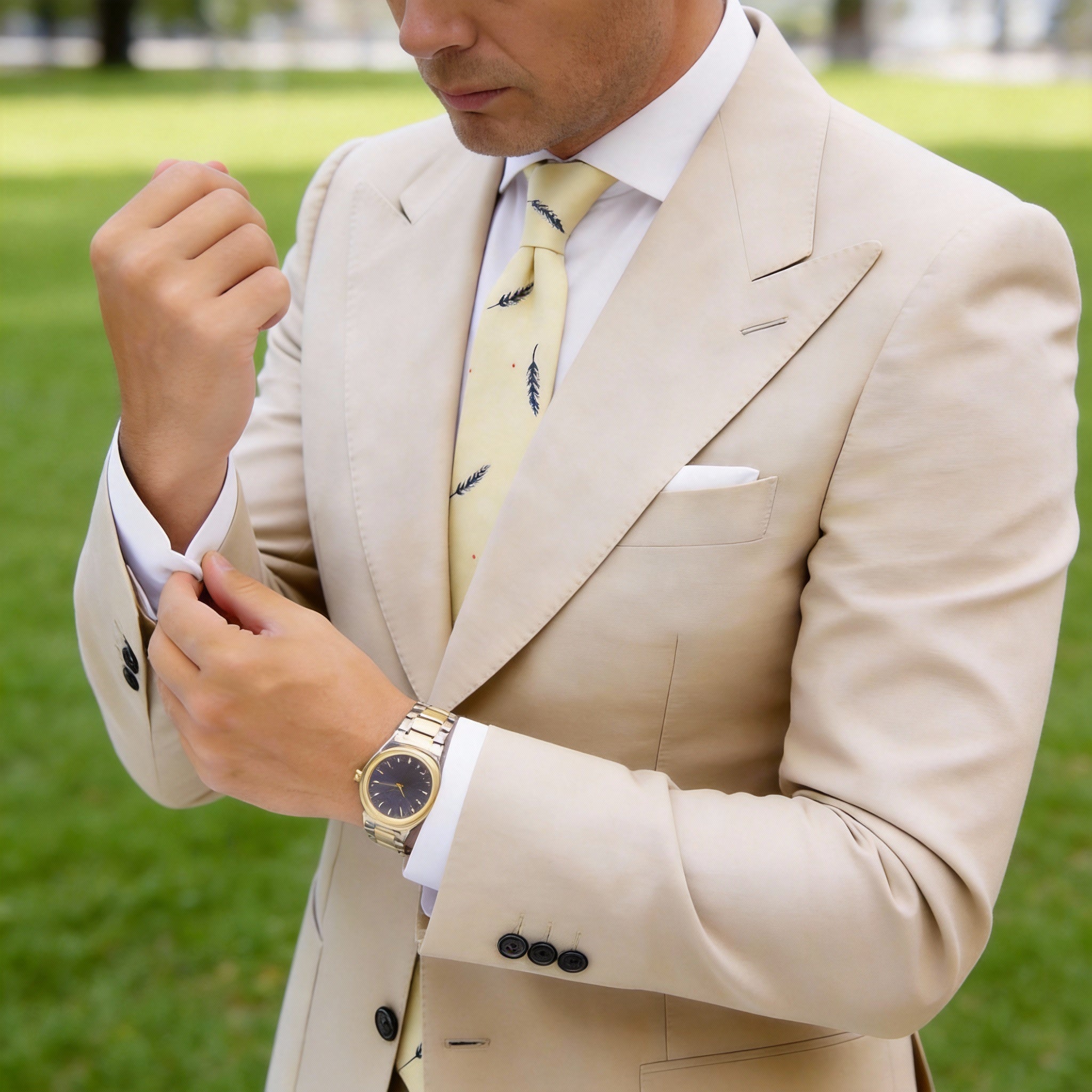 Light Yellow with Blue Feather & Dot Necktie