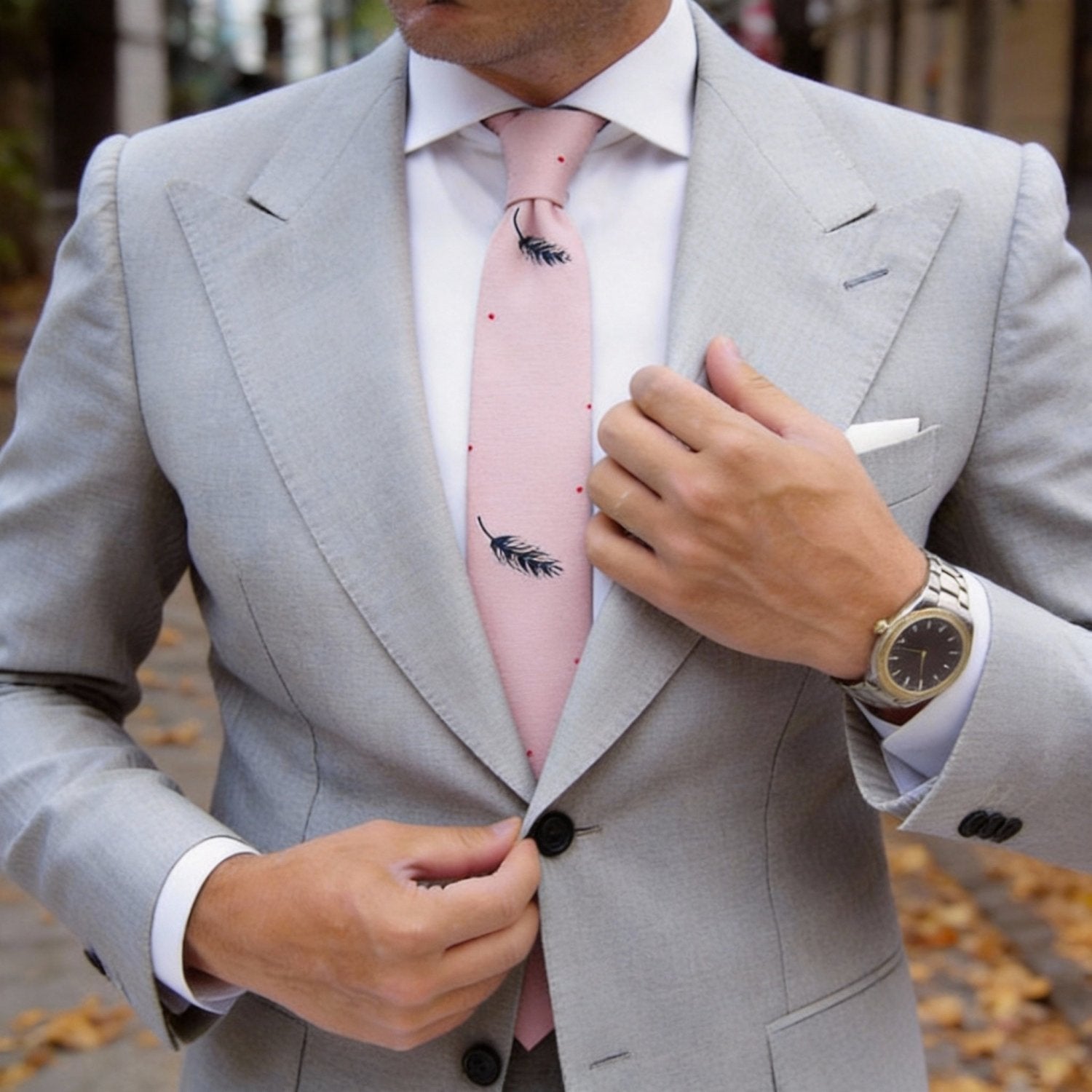 Light Pink with Dark Blue Feather Necktie