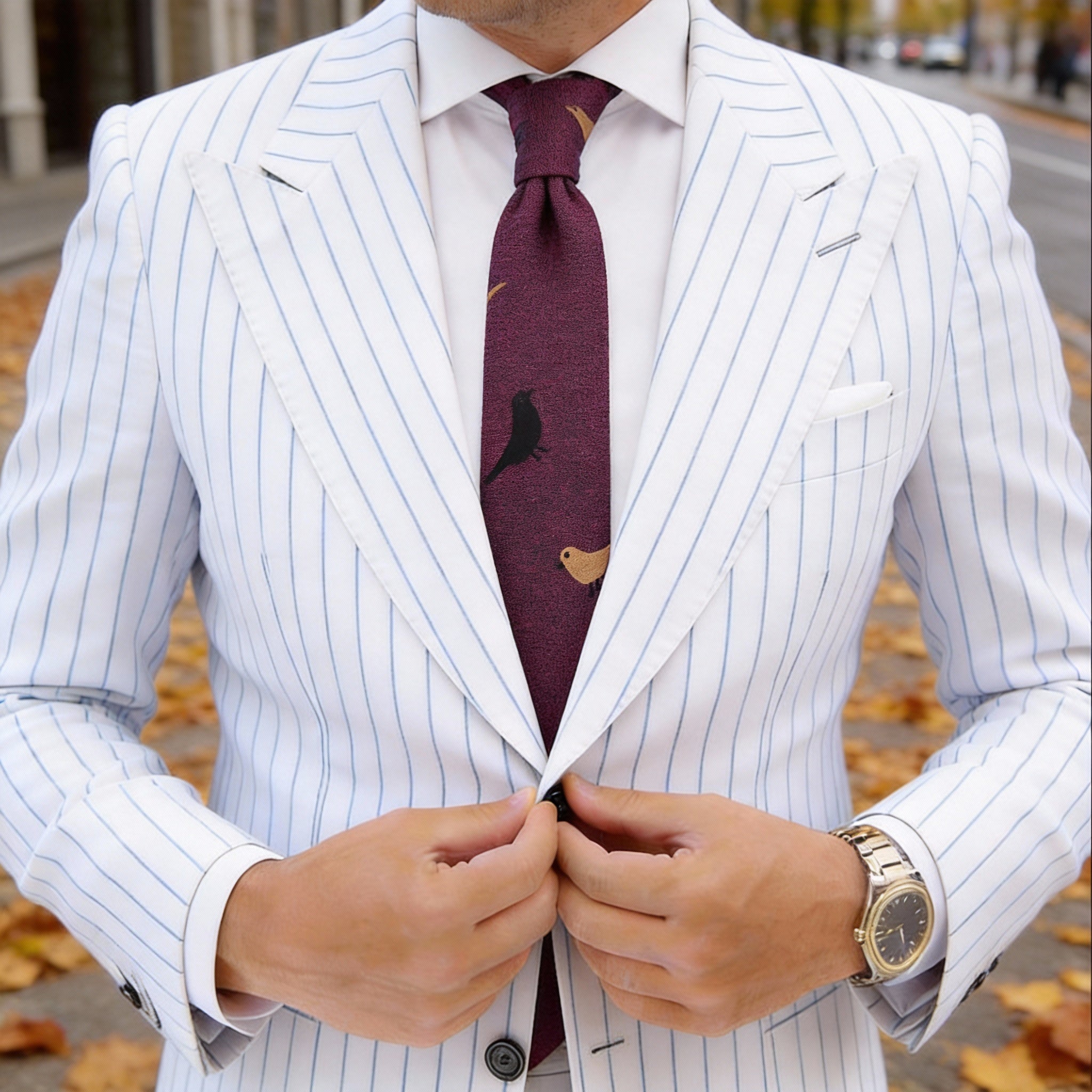 Burgundy with Black and Yellow Birds Necktie
