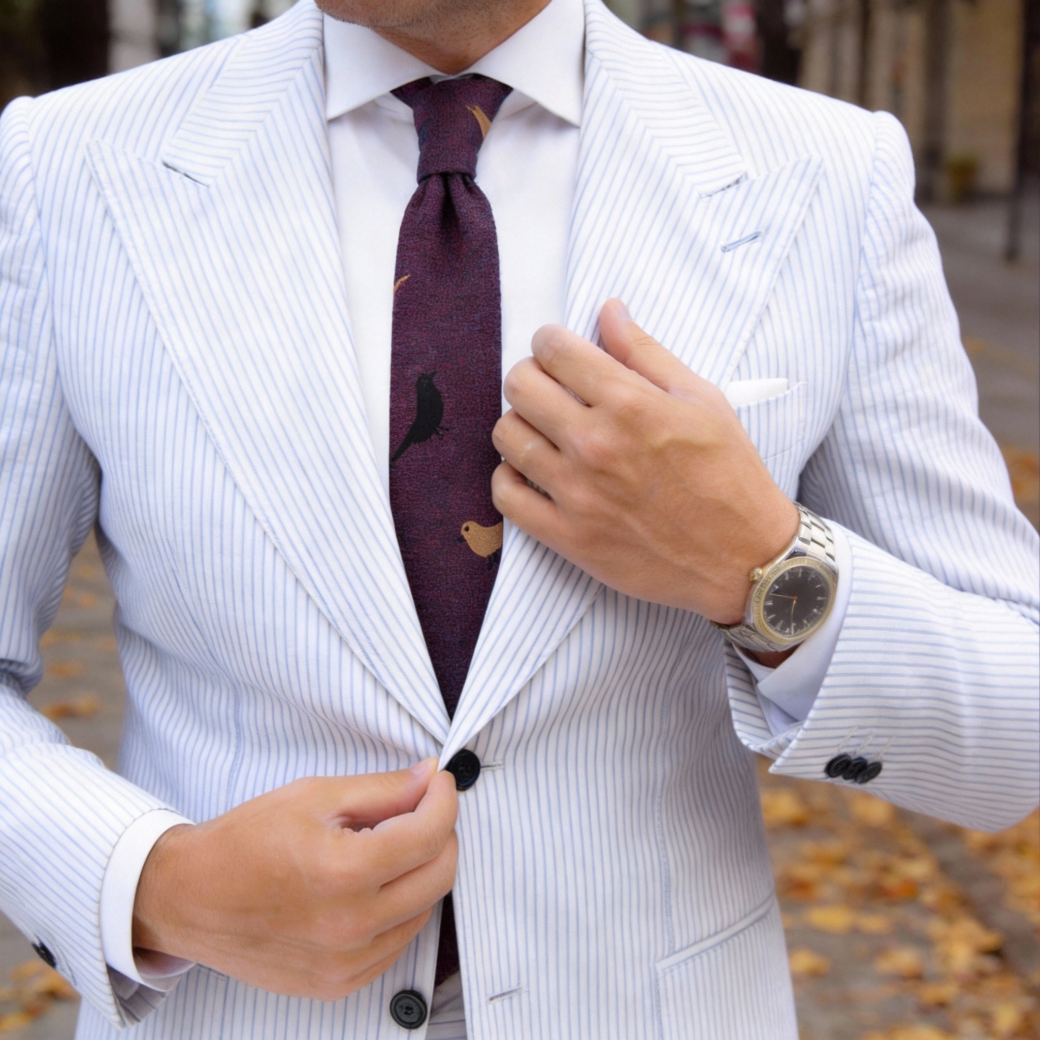Burgundy with Black and Yellow Birds Necktie