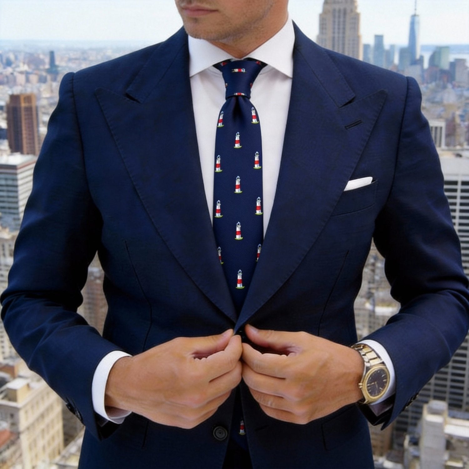Navy Blue with White and Red Lighthouse Necktie