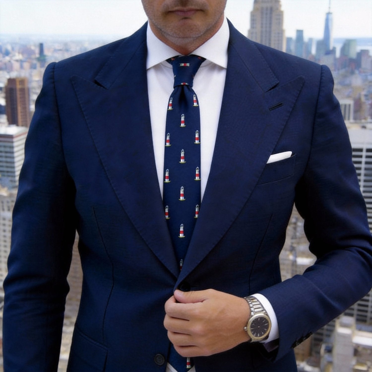 Navy Blue with White and Red Lighthouse Necktie