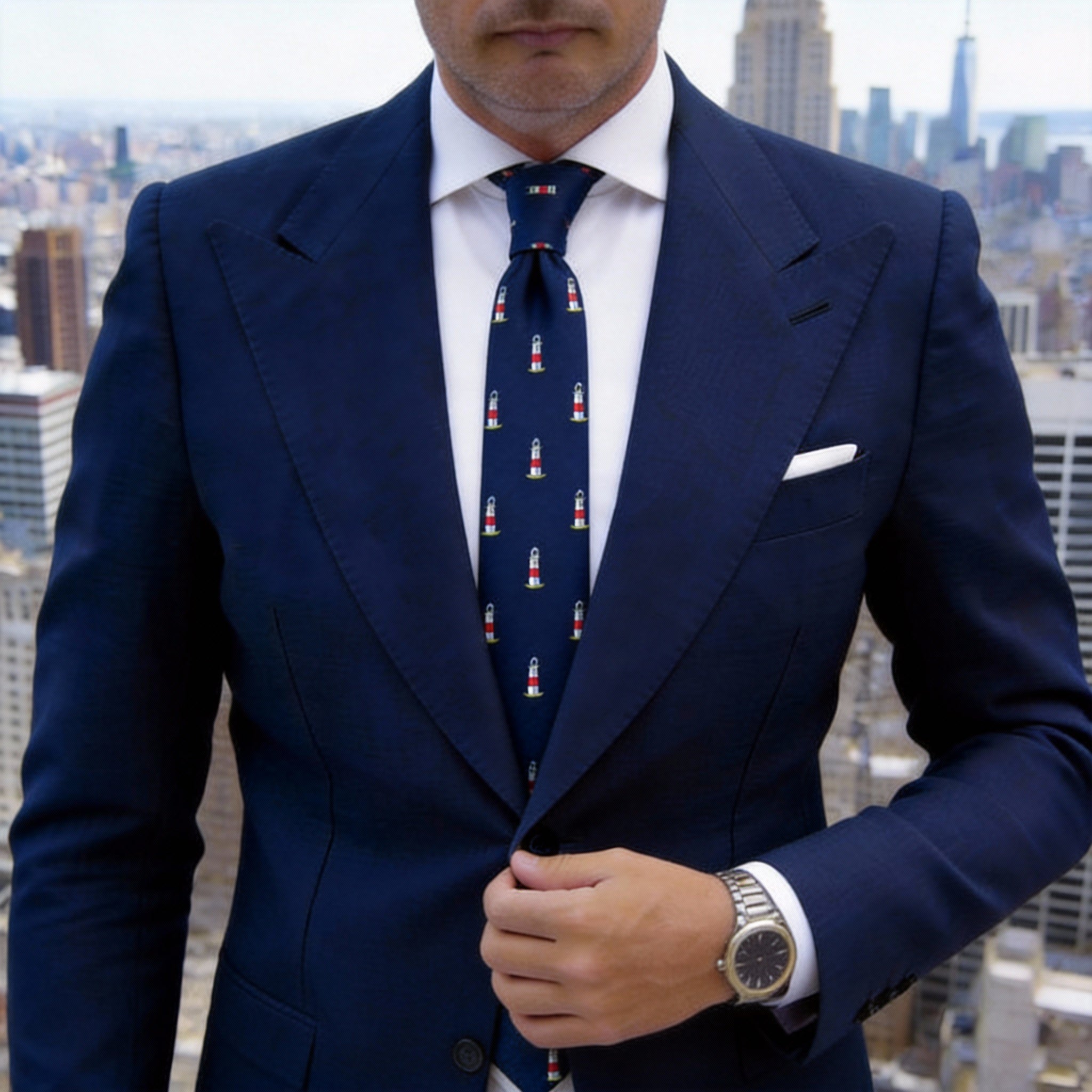 Navy Blue with White and Red Lighthouse Necktie