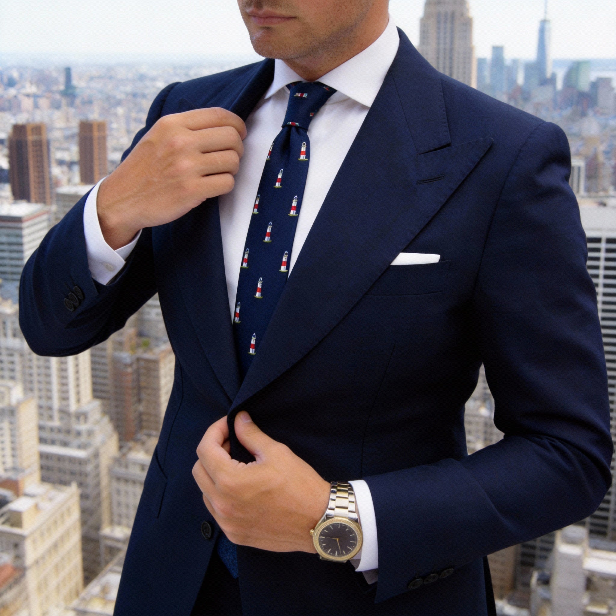 Navy Blue with White and Red Lighthouse Necktie