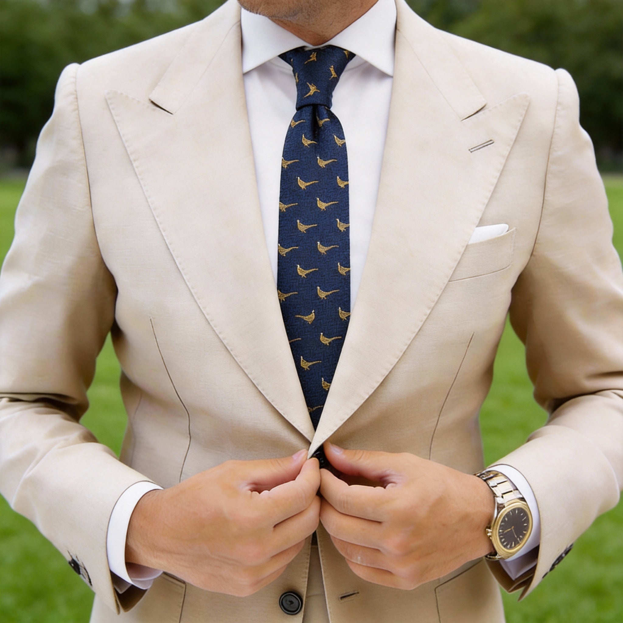 Dark Navy Blue with Golden Pheasant Necktie