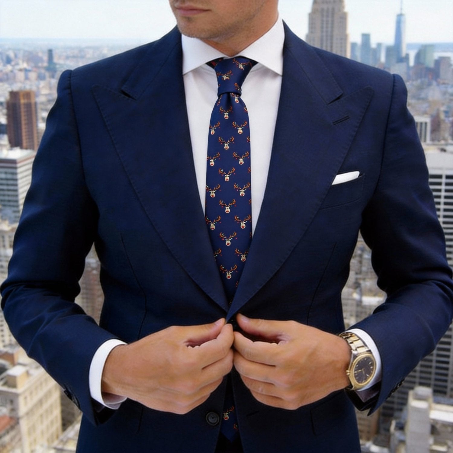 Navy Blue with Red and Green Reindeer Necktie