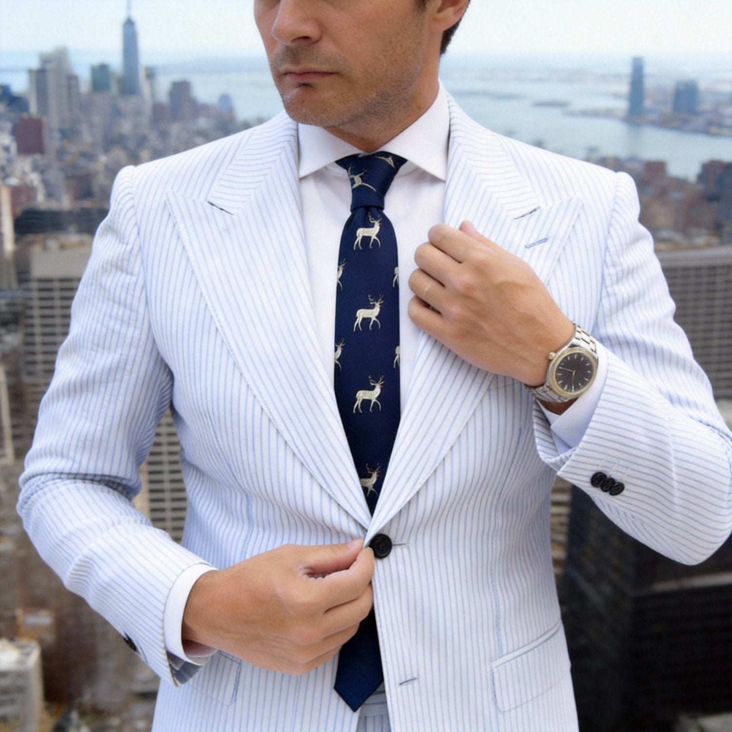 Navy Blue With Light Beige Reindeer Necktie