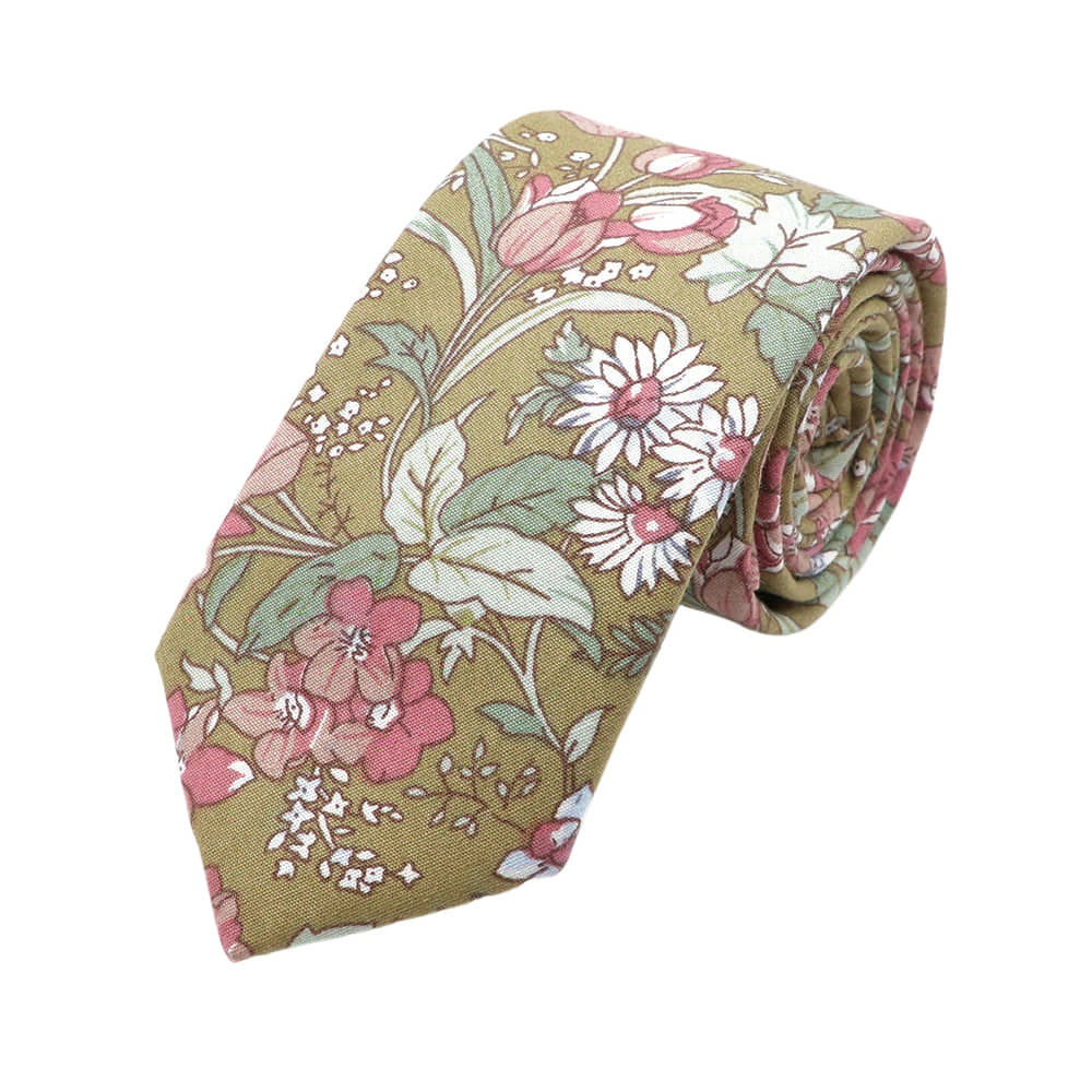 Olive Green Pink Floral Necktie