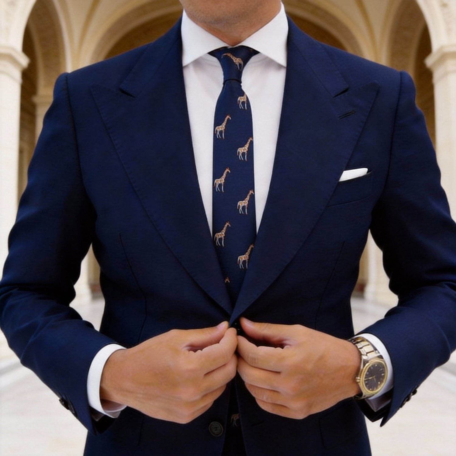 Navy Blue with Brown & White Giraffe Necktie