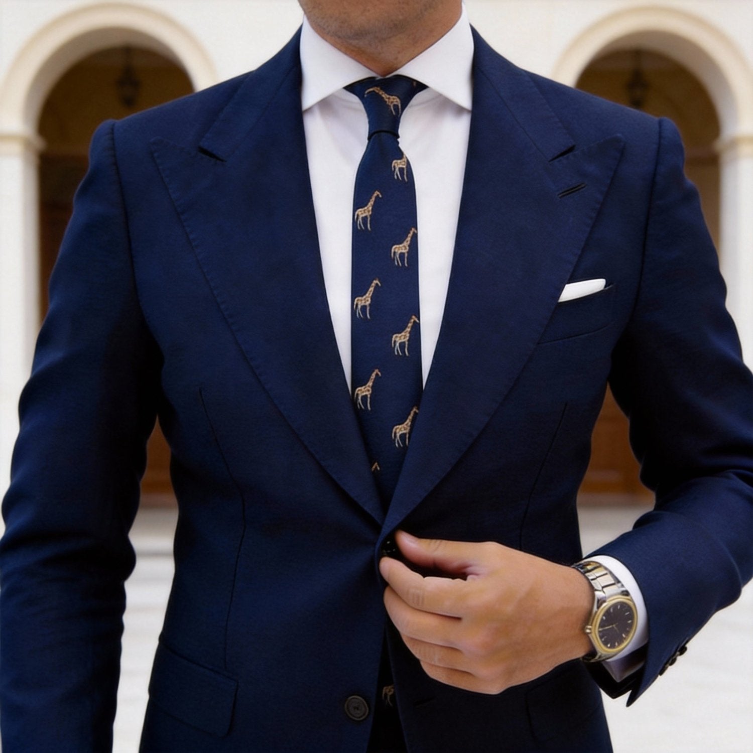 Navy Blue with Brown & White Giraffe Necktie