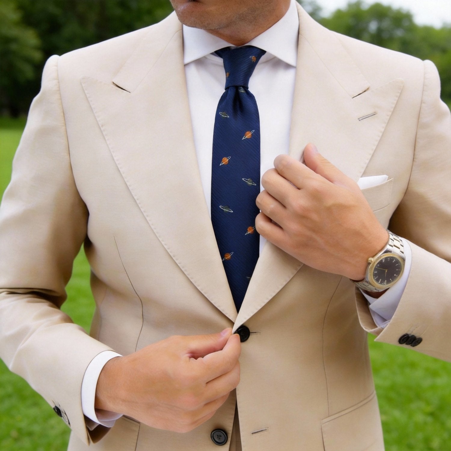 Navy Blue With Multi-color Ringed Planets Necktie