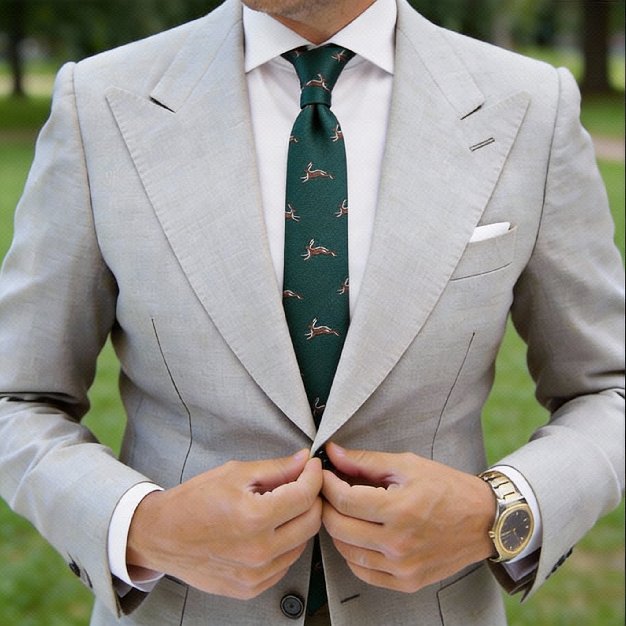Dark Green With Brown Leaping Hares Necktie