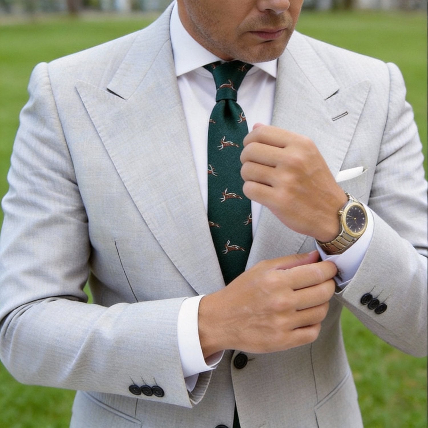 Dark Green With Brown Leaping Hares Necktie