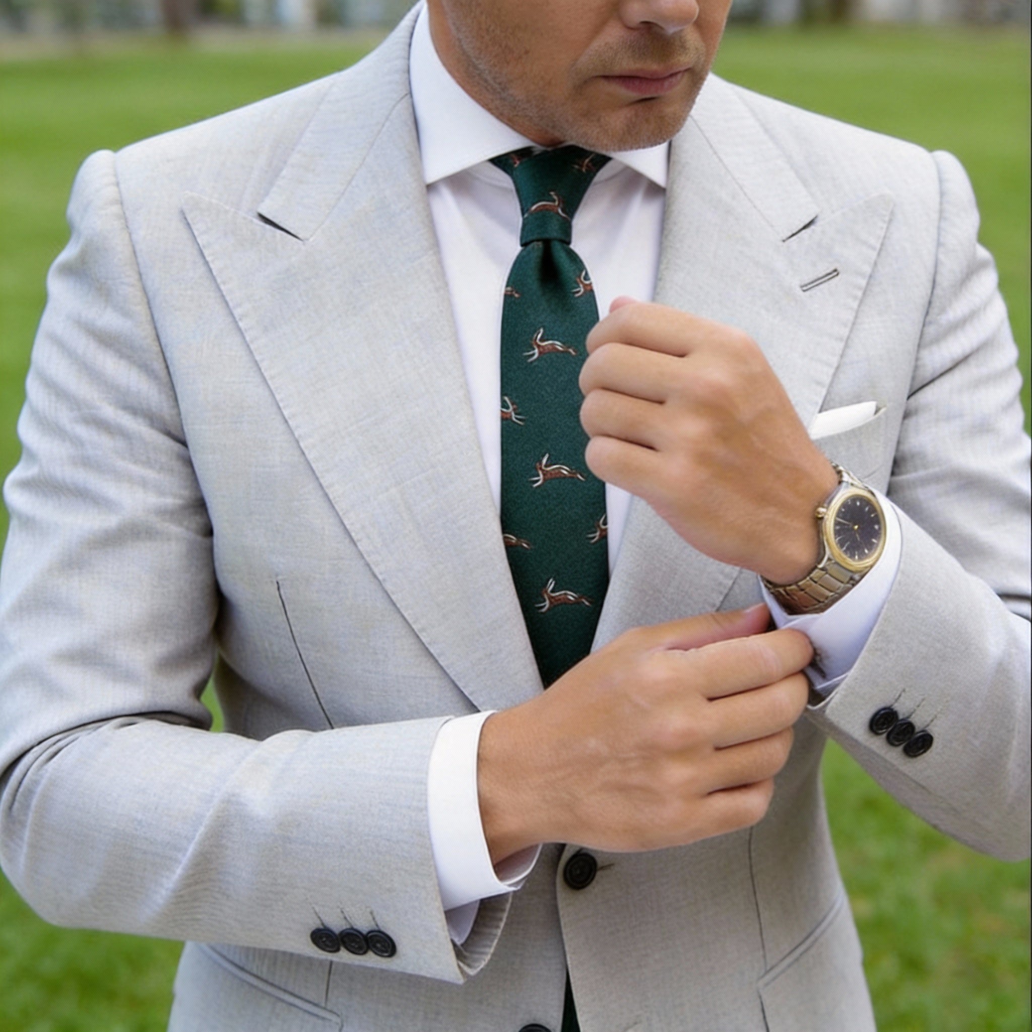 Dark Green With Brown Leaping Hares Necktie