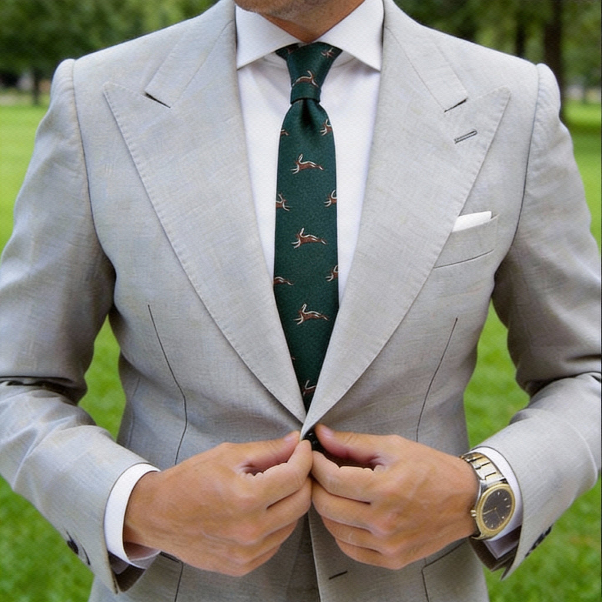 Dark Green With Brown Leaping Hares Necktie