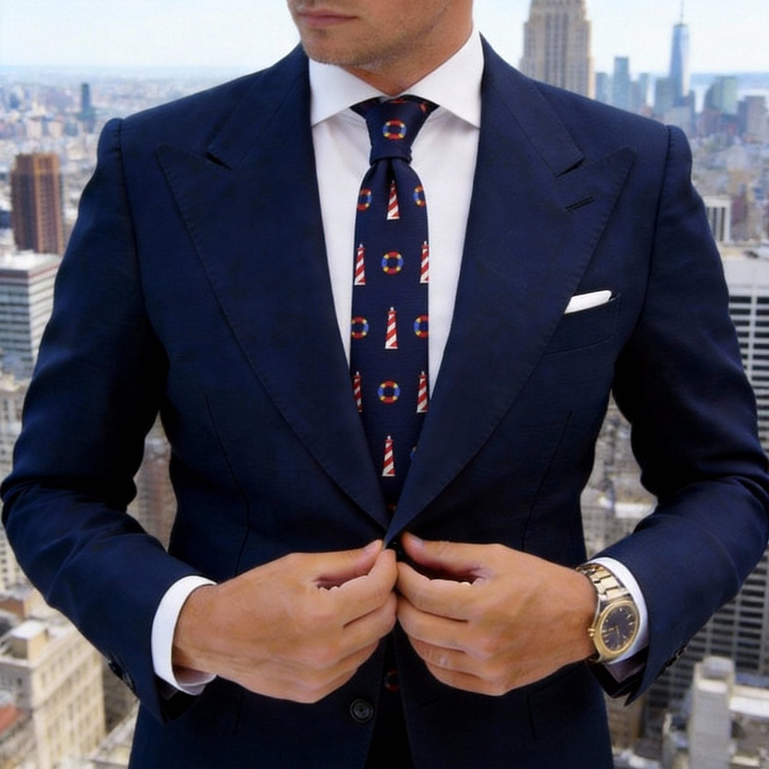 Navy Blue With Red Lighthouse & Life Ring Necktie