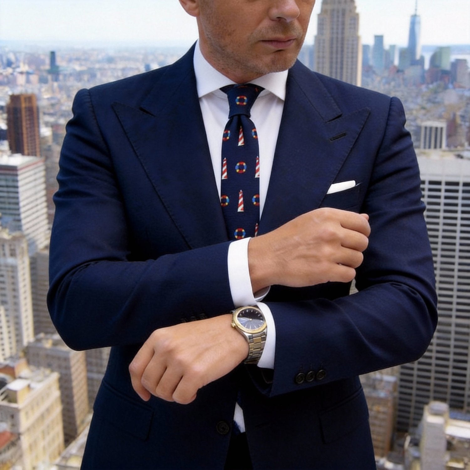 Navy Blue With Red Lighthouse & Life Ring Necktie