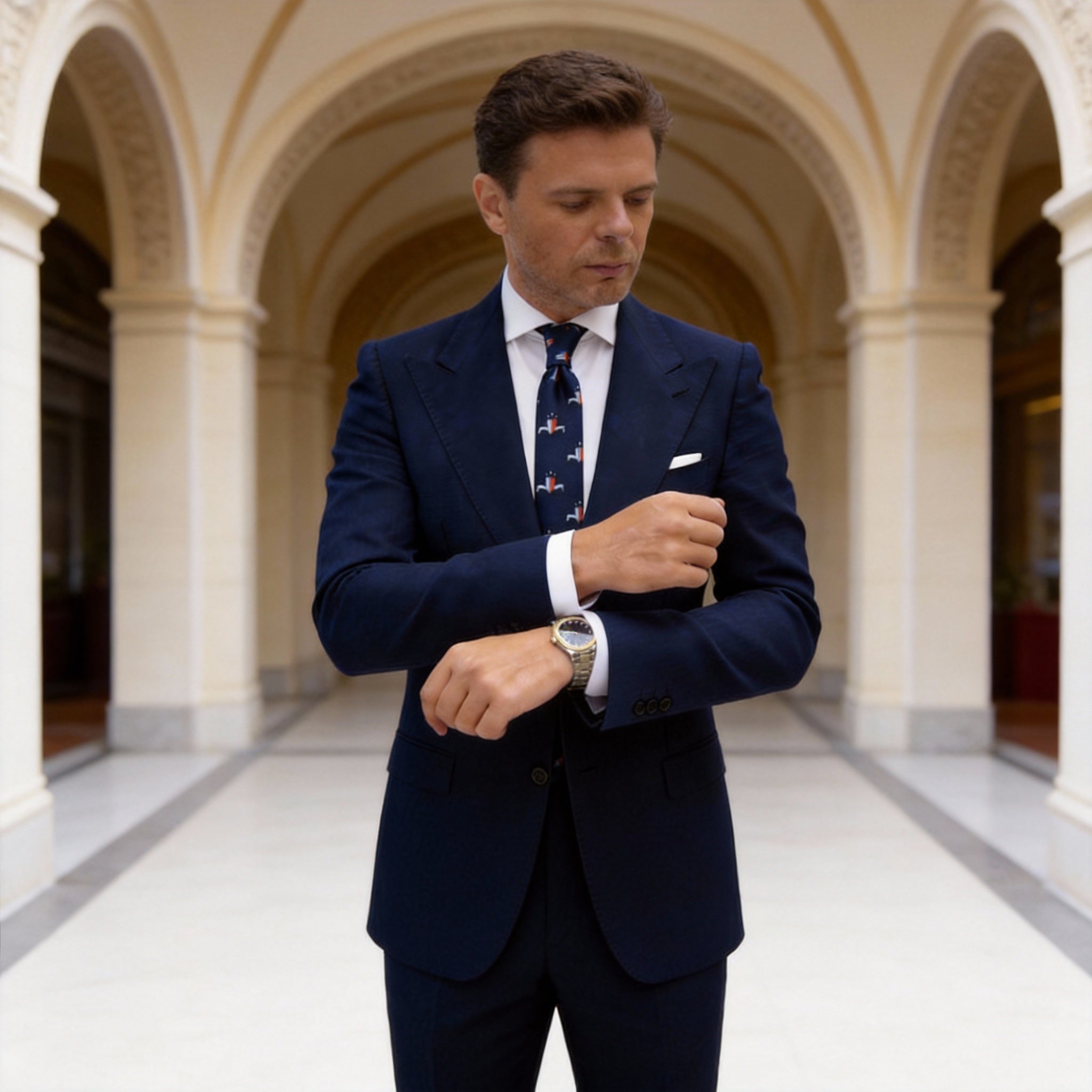 Navy Blue With White Horse & Red Shield Necktie