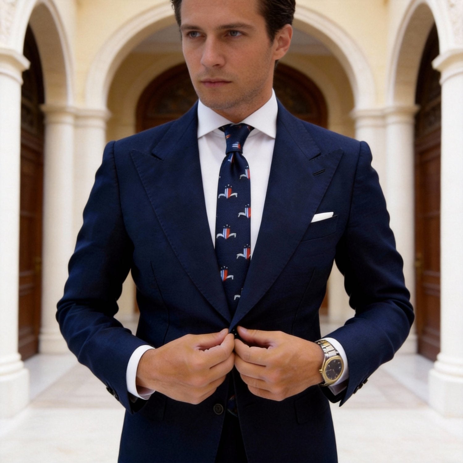 Navy Blue With White Horse & Red Shield Necktie