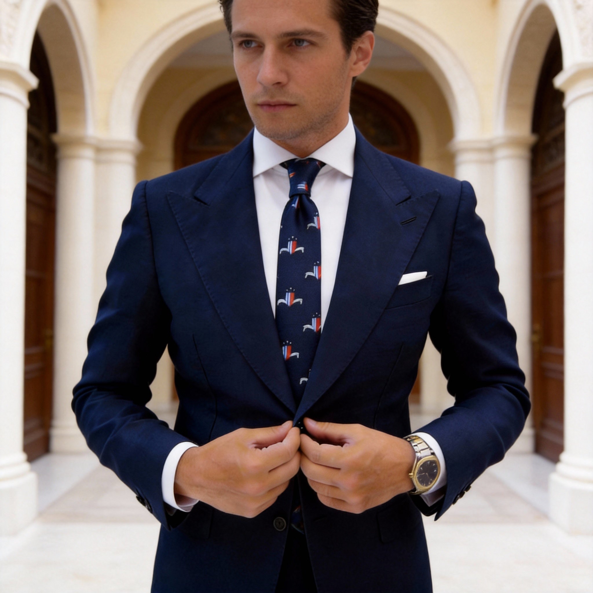 Navy Blue With White Horse & Red Shield Necktie