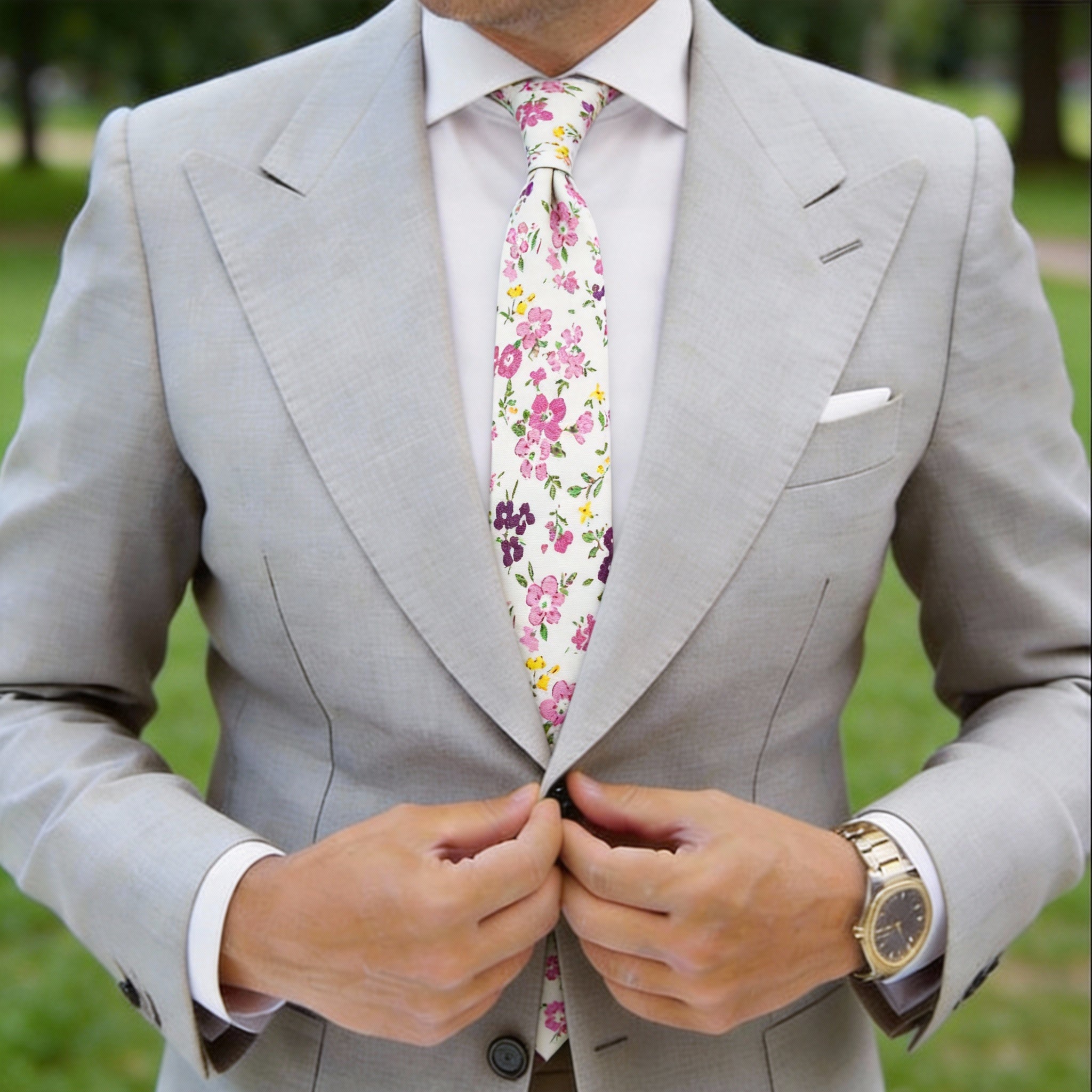 White with Pink & Purple Floral Necktie