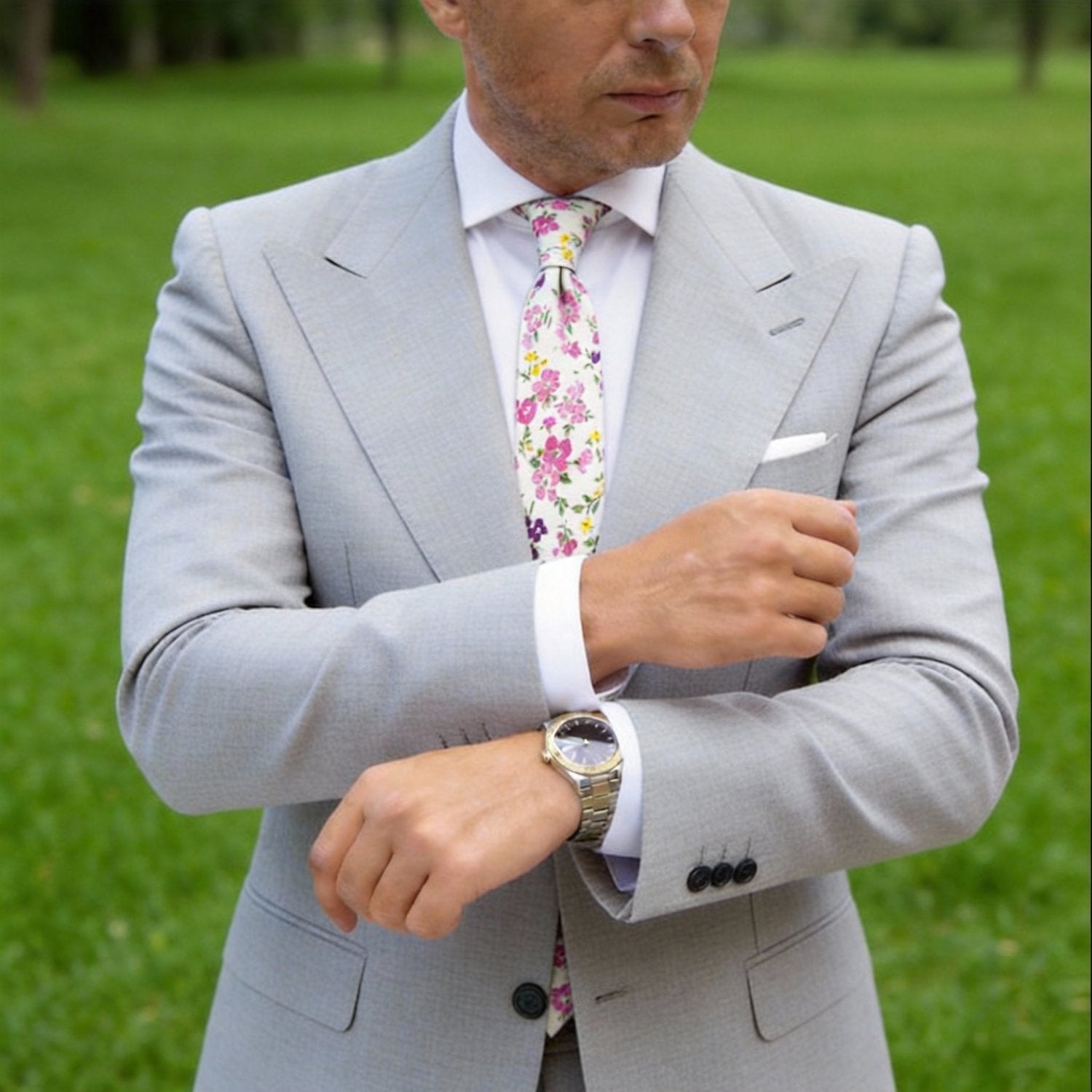 White with Pink & Purple Floral Necktie