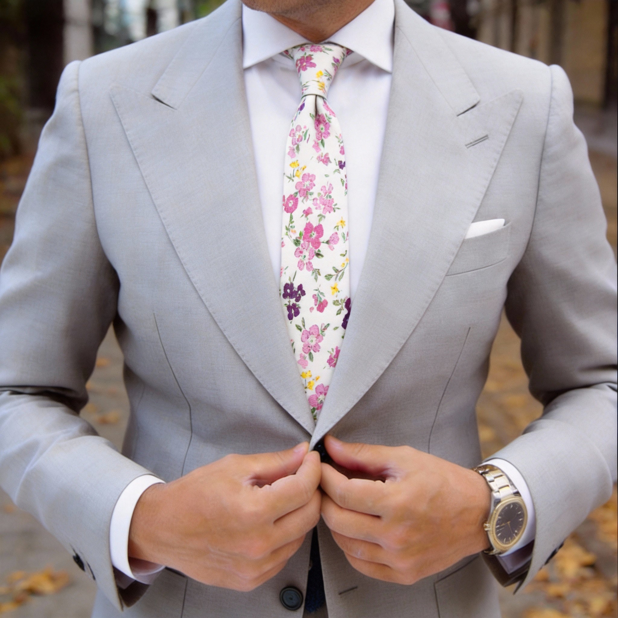 White with Pink & Purple Floral Necktie