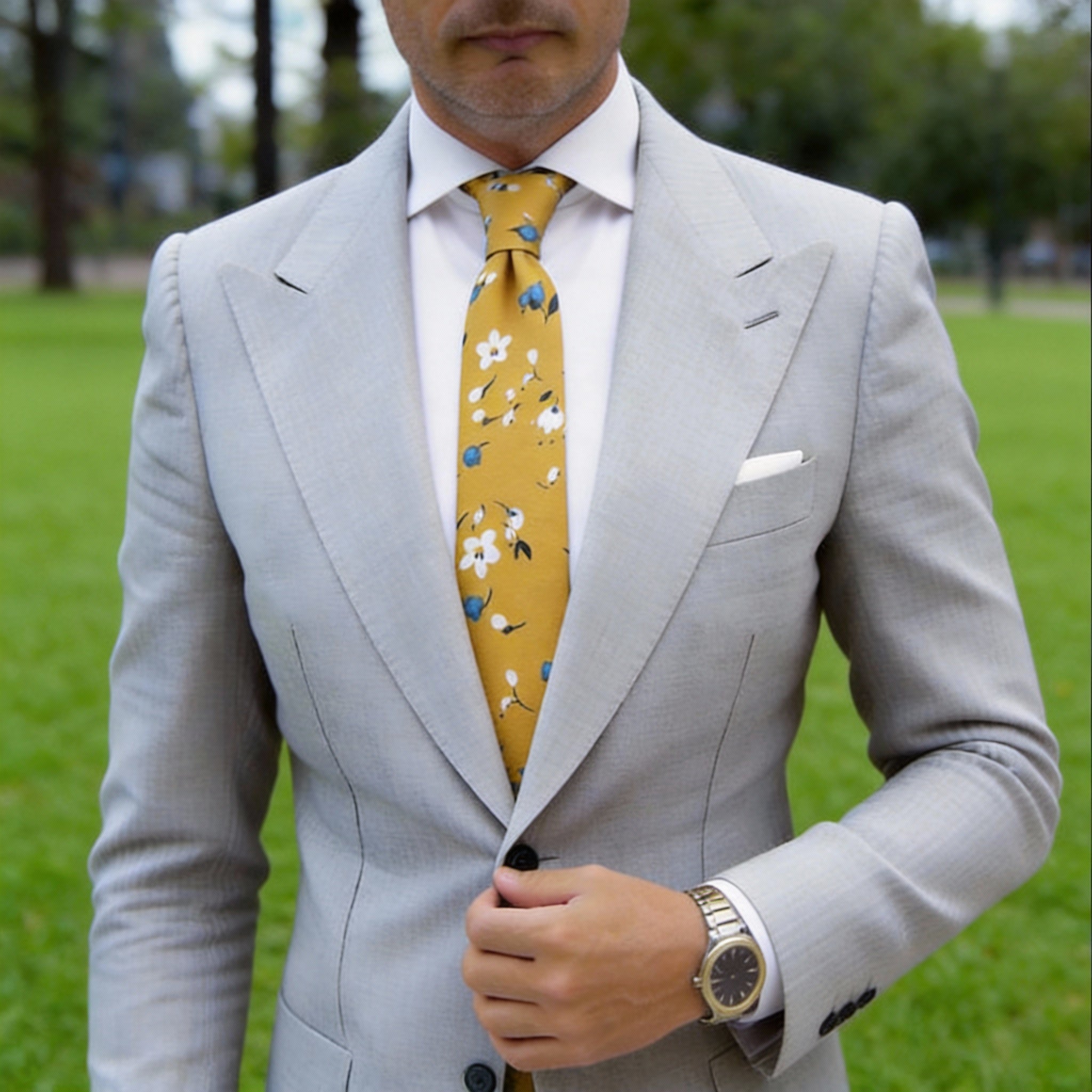 Mustard Yellow With White And Blue Floral Necktie