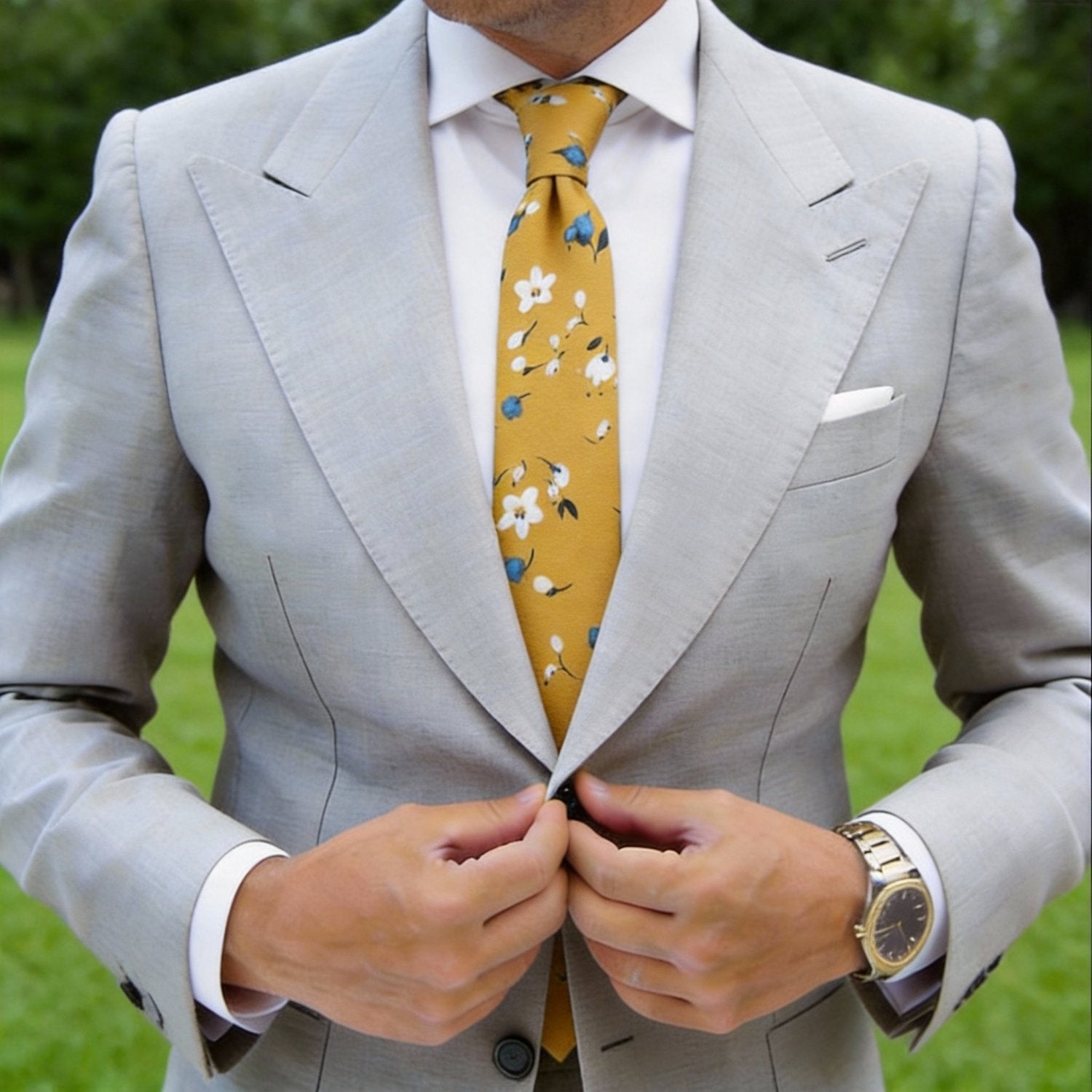 Mustard Yellow With White And Blue Floral Necktie