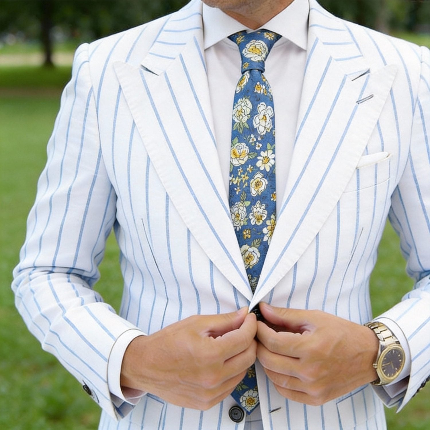 Blue with White and Yellow Floral Necktie