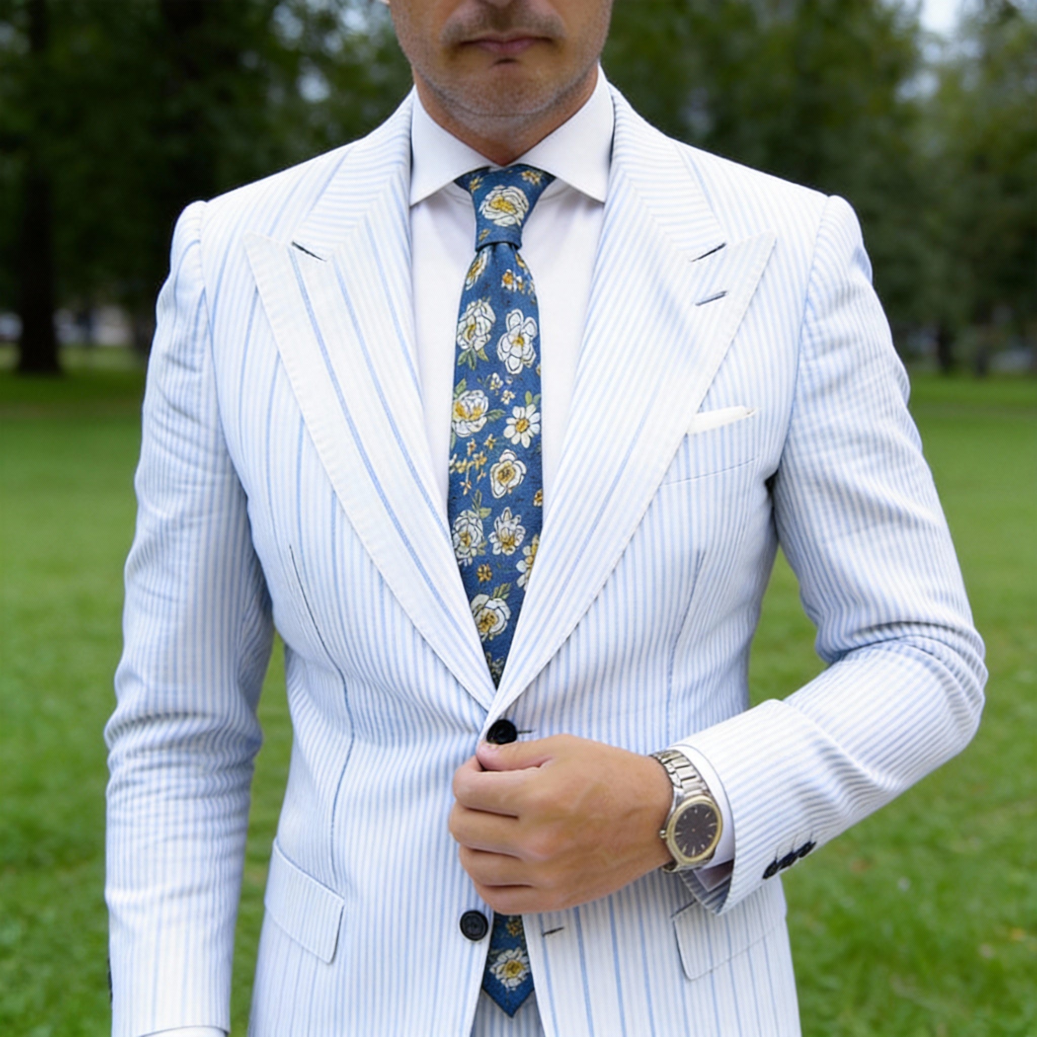 Blue with White and Yellow Floral Necktie