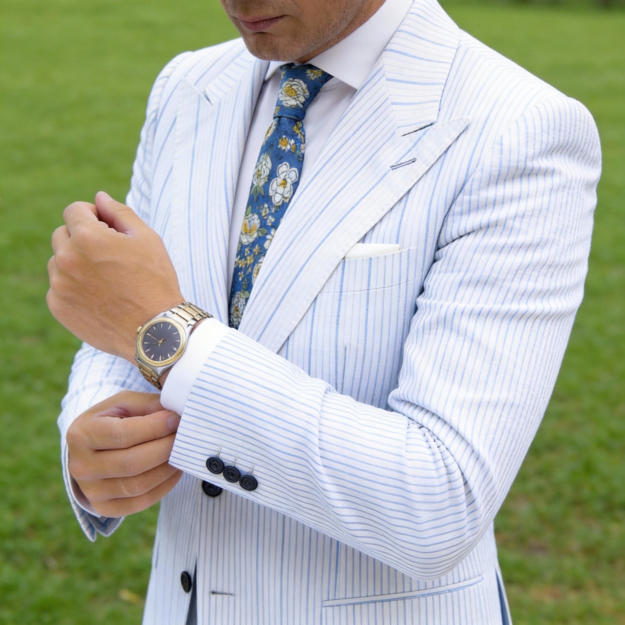 Blue with White and Yellow Floral Necktie