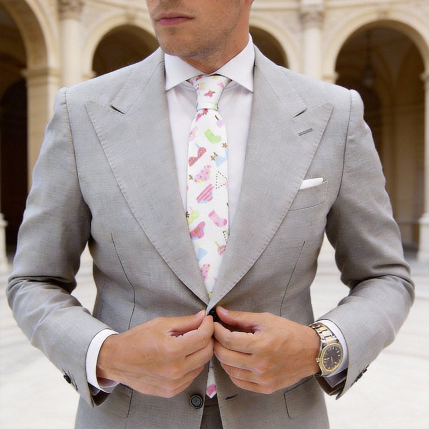 White with Colorful Party Motifs Necktie