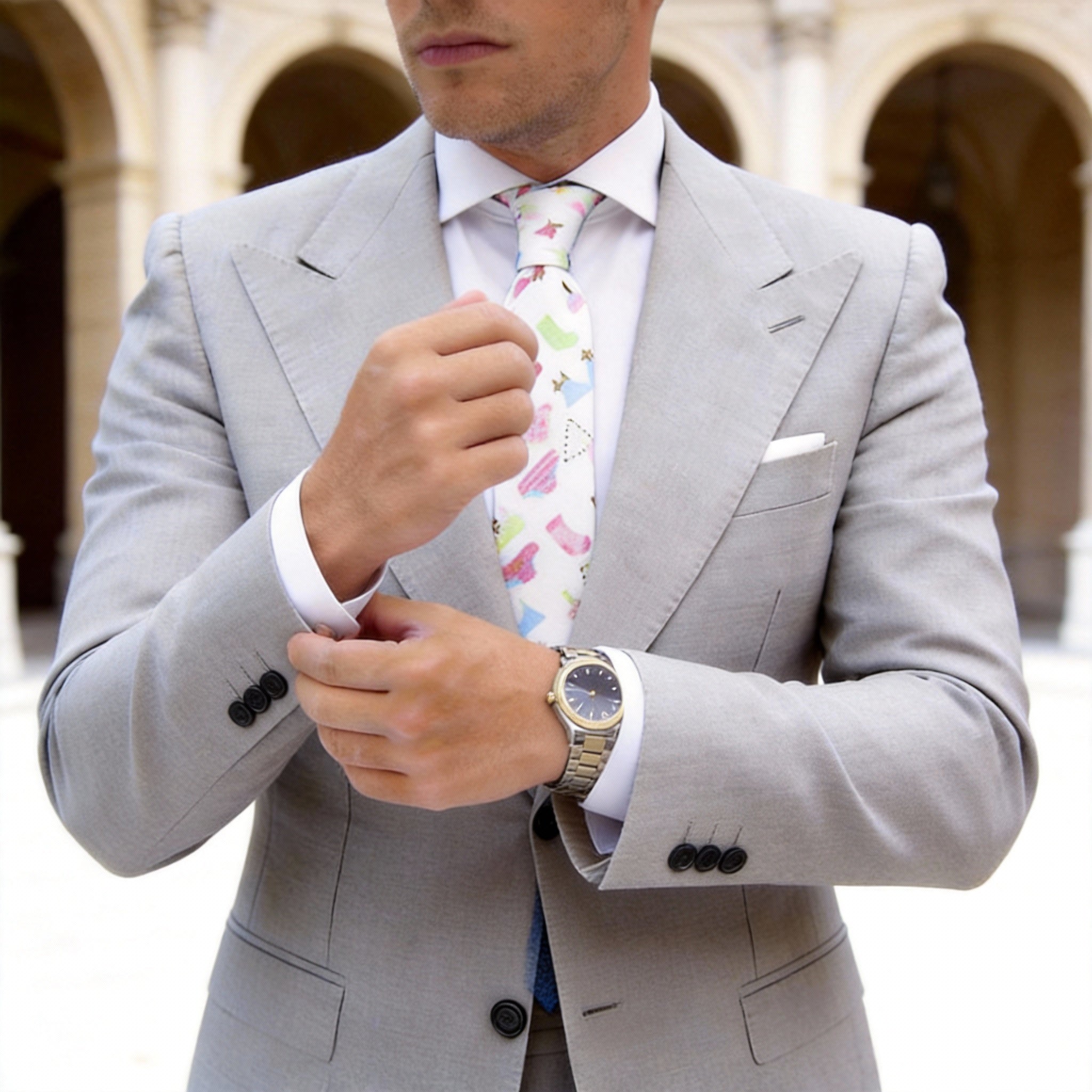 White with Colorful Party Motifs Necktie