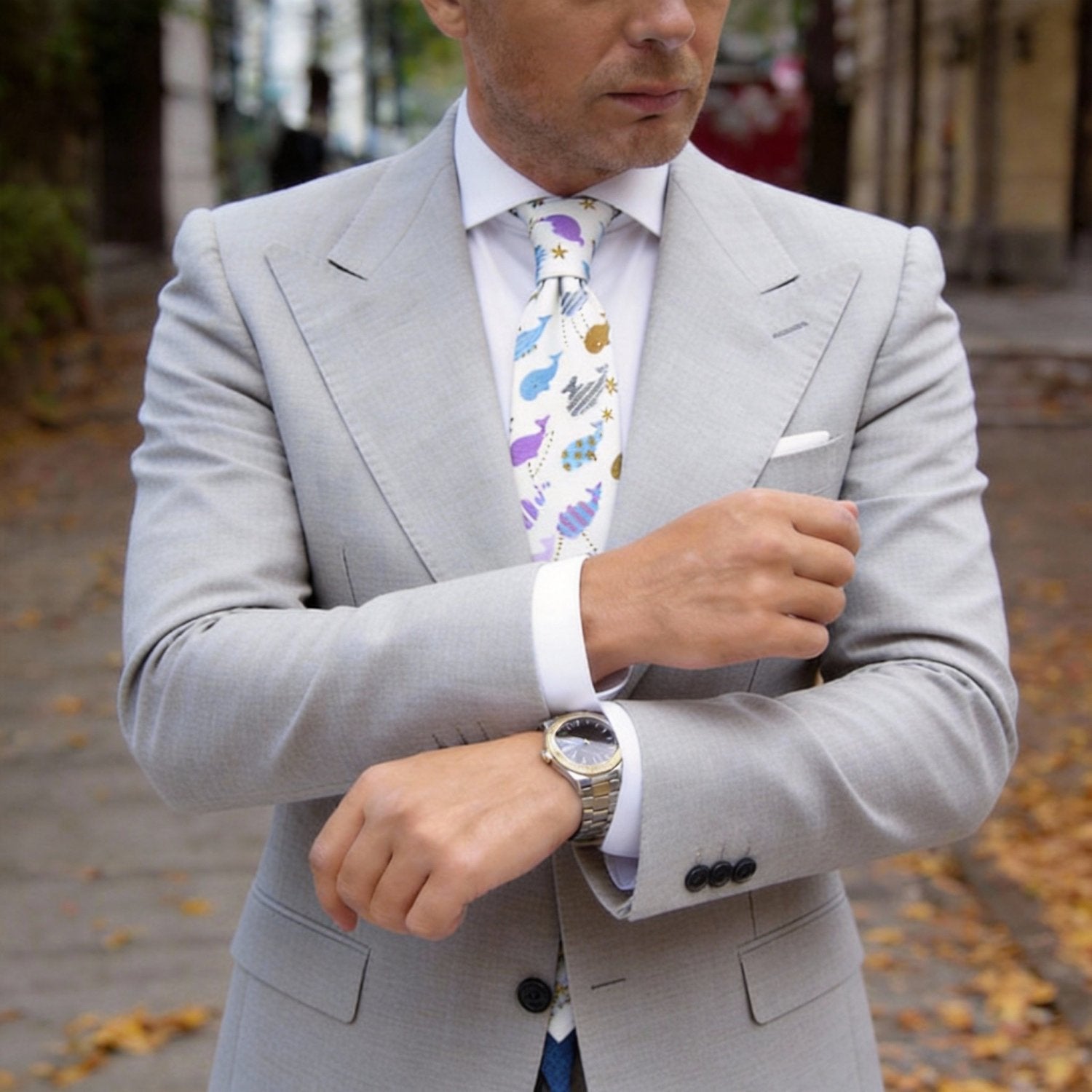 White with Colorful Whale Necktie