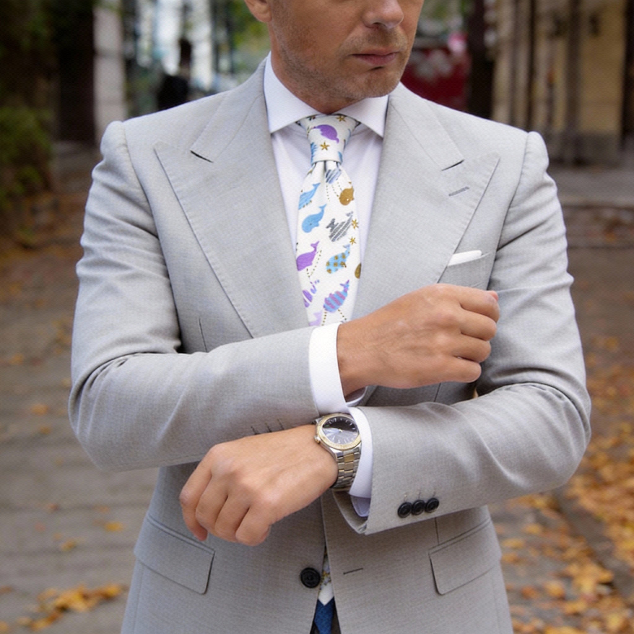 White with Colorful Whale Necktie