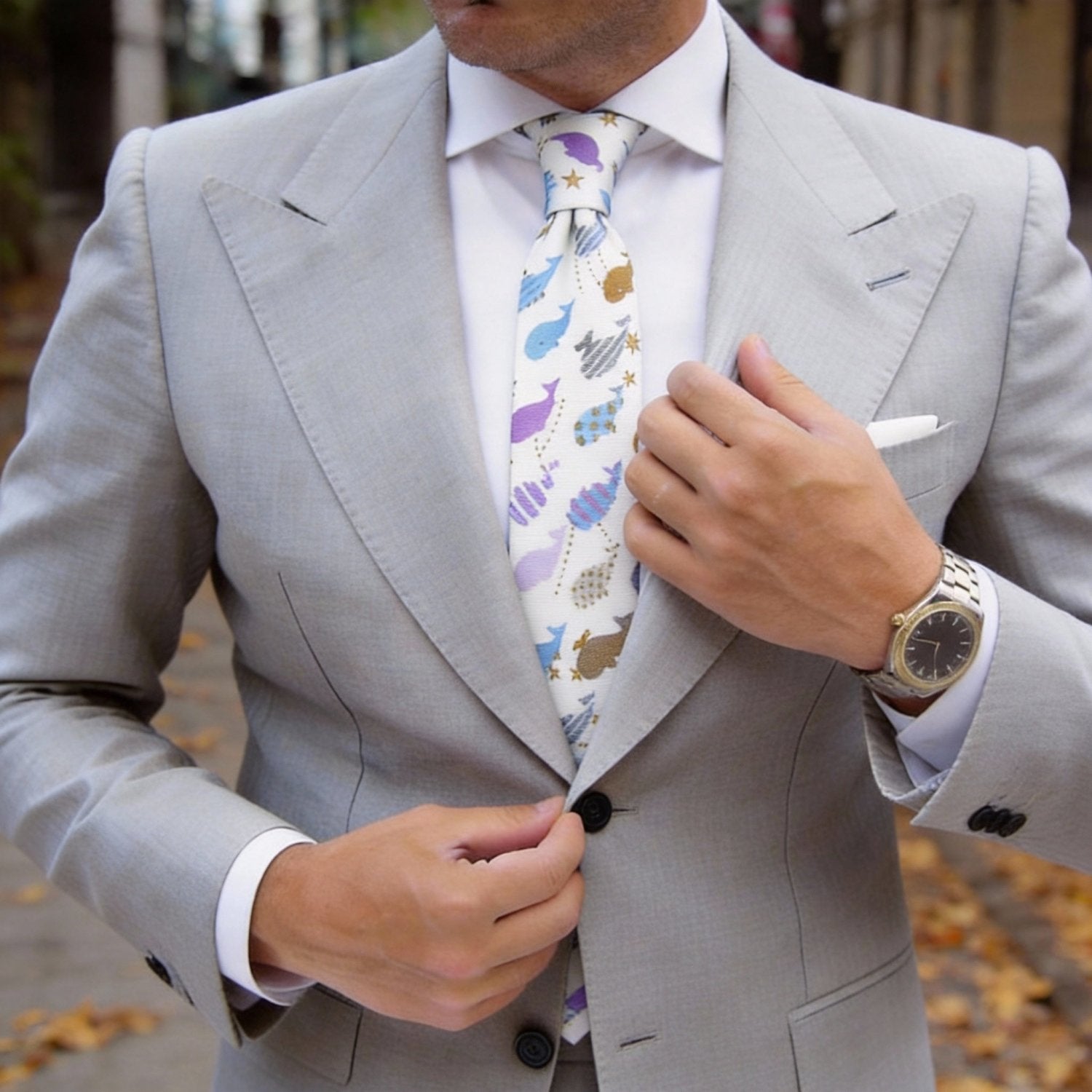 White with Colorful Whale Necktie