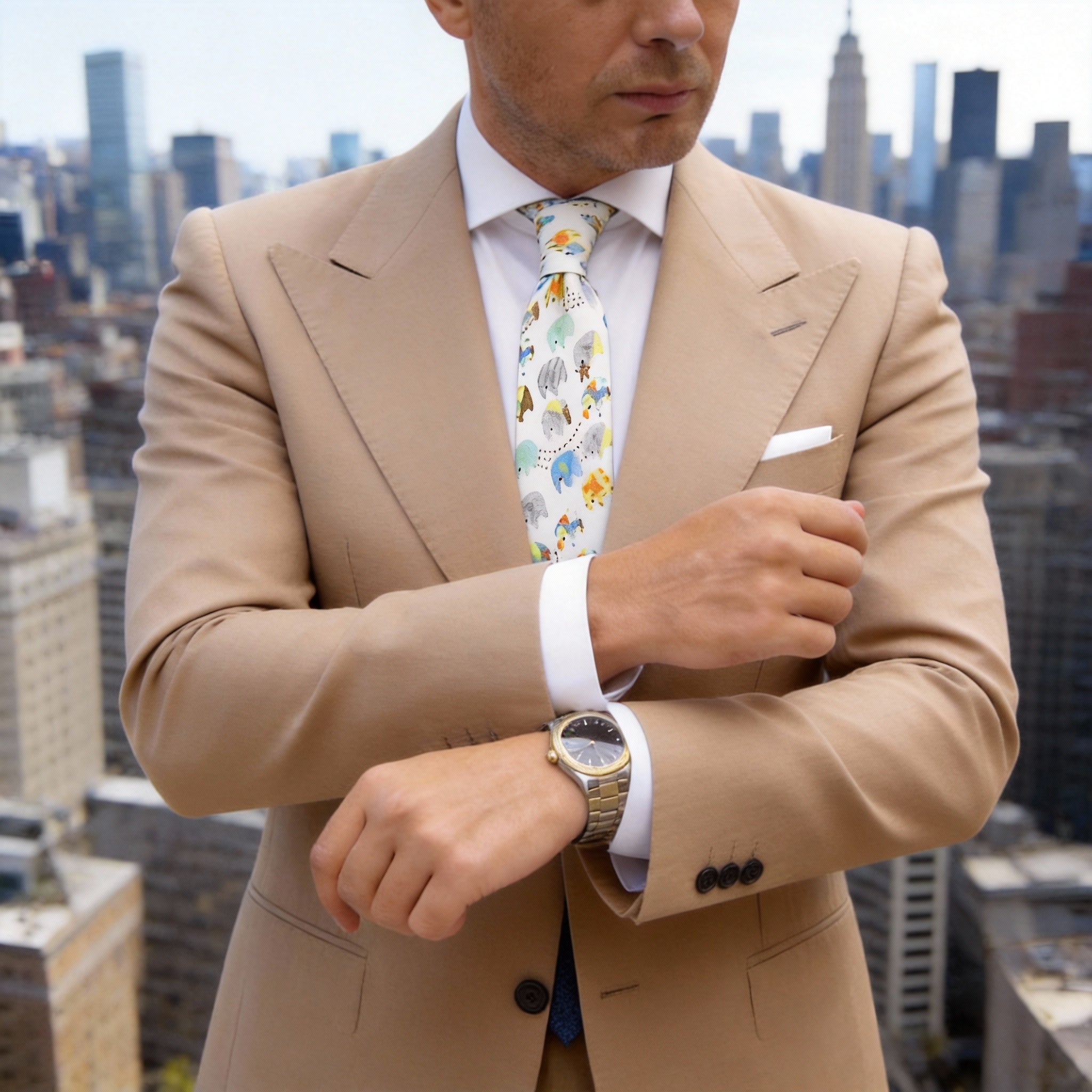 White with Colorful Elephants Necktie