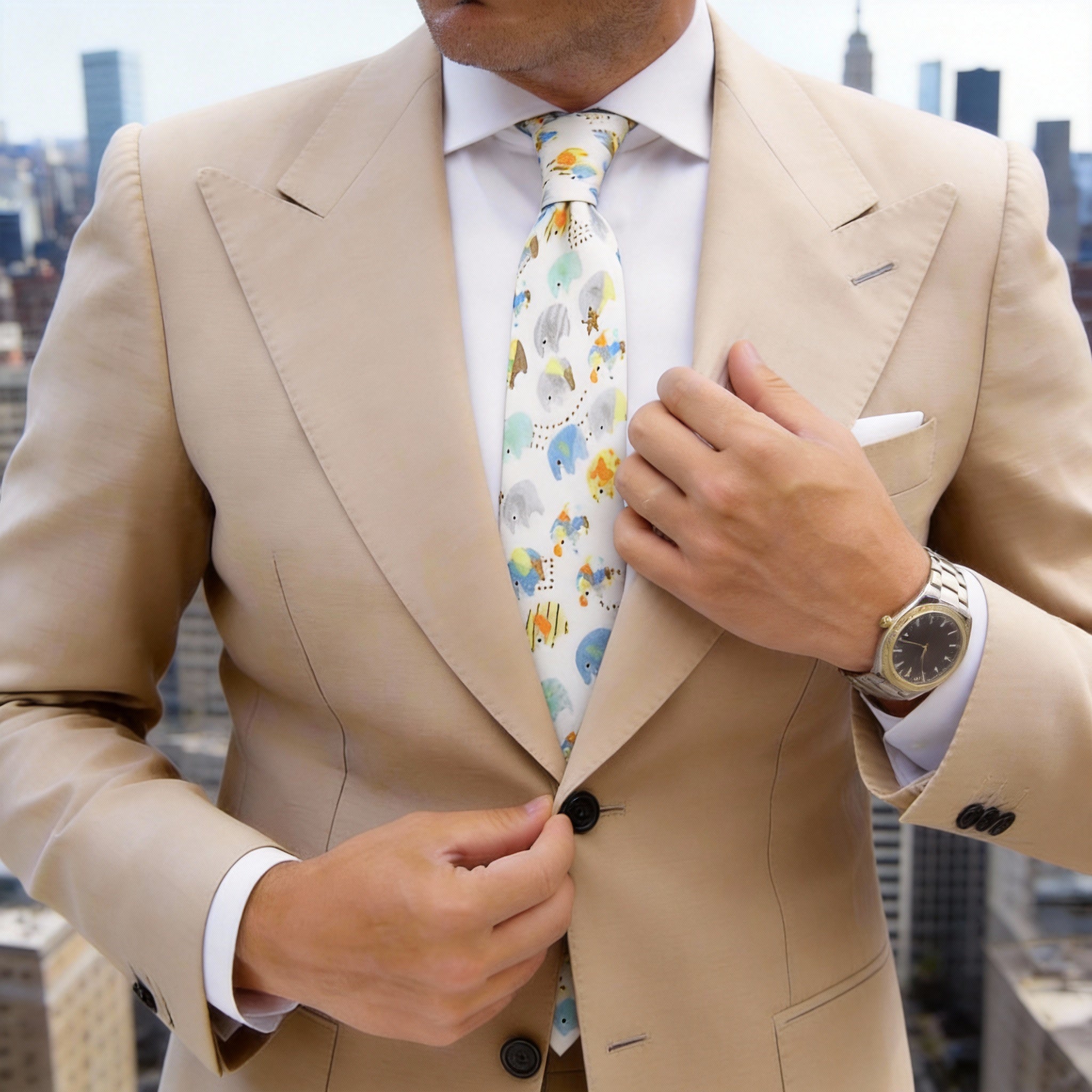 White with Colorful Elephants Necktie