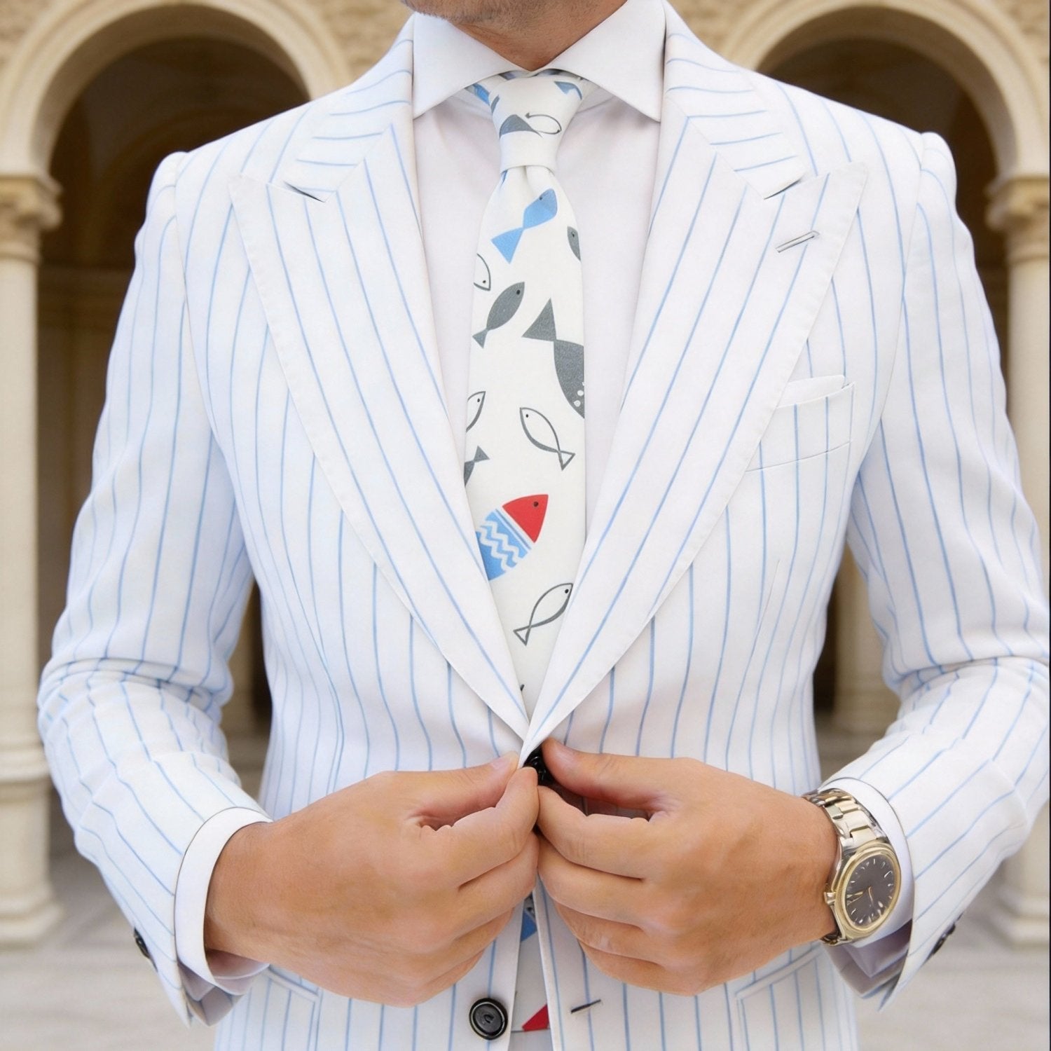White with Multi-colored Fish Necktie
