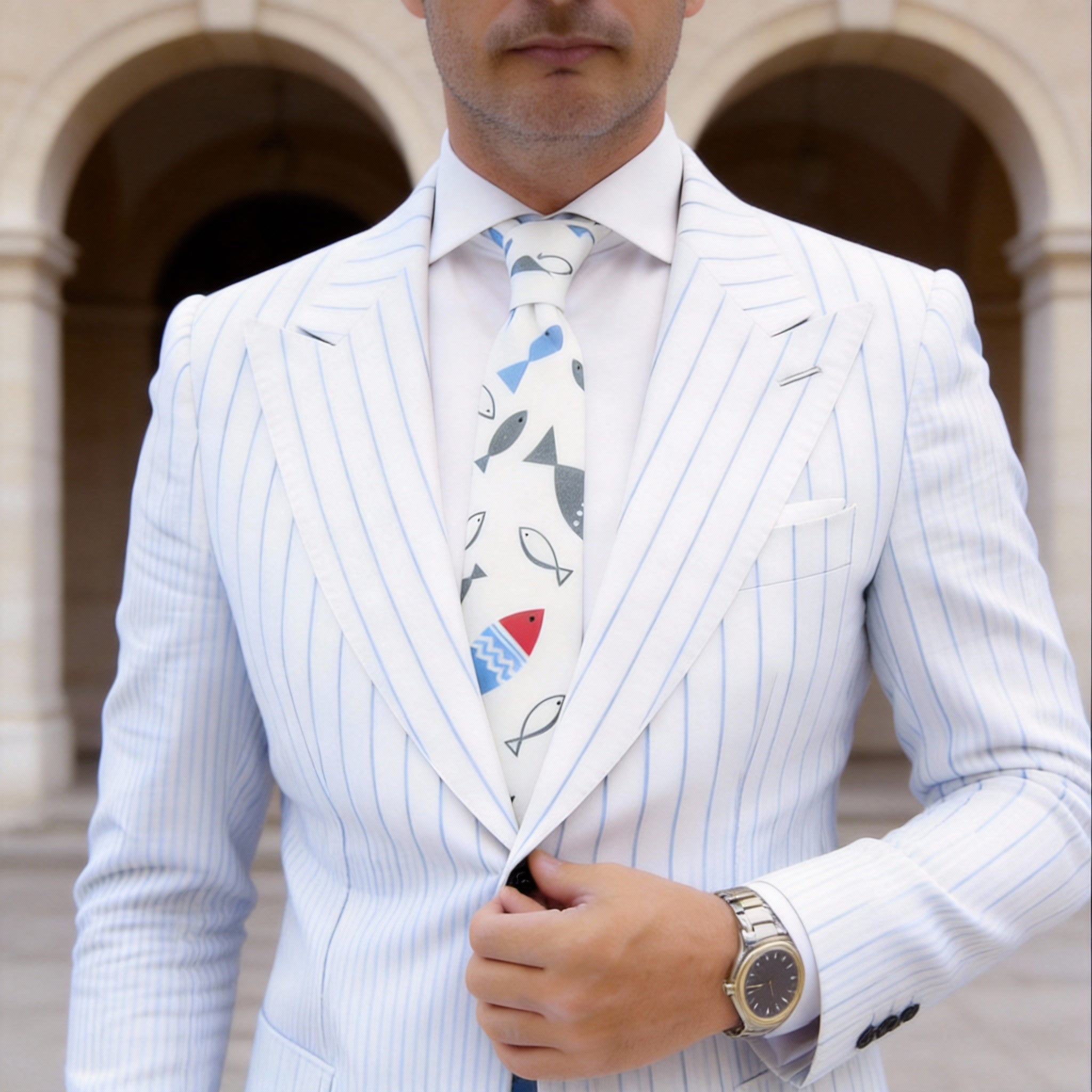 White with Multi-colored Fish Necktie