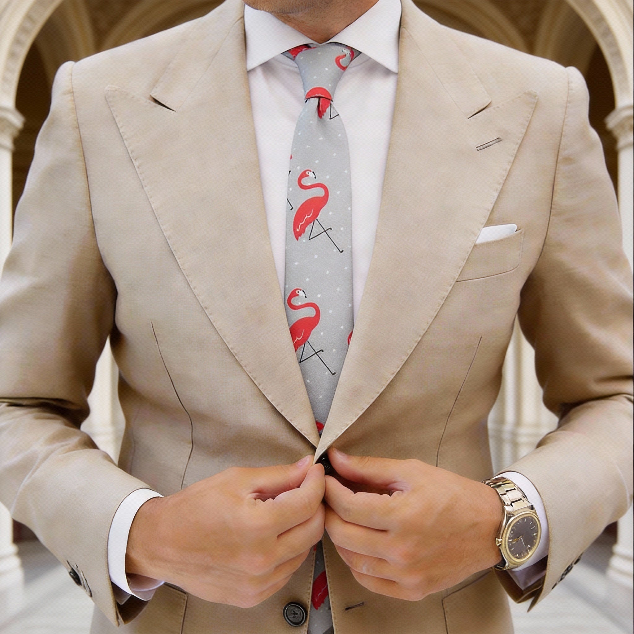 Gray with Red Flamingos Necktie