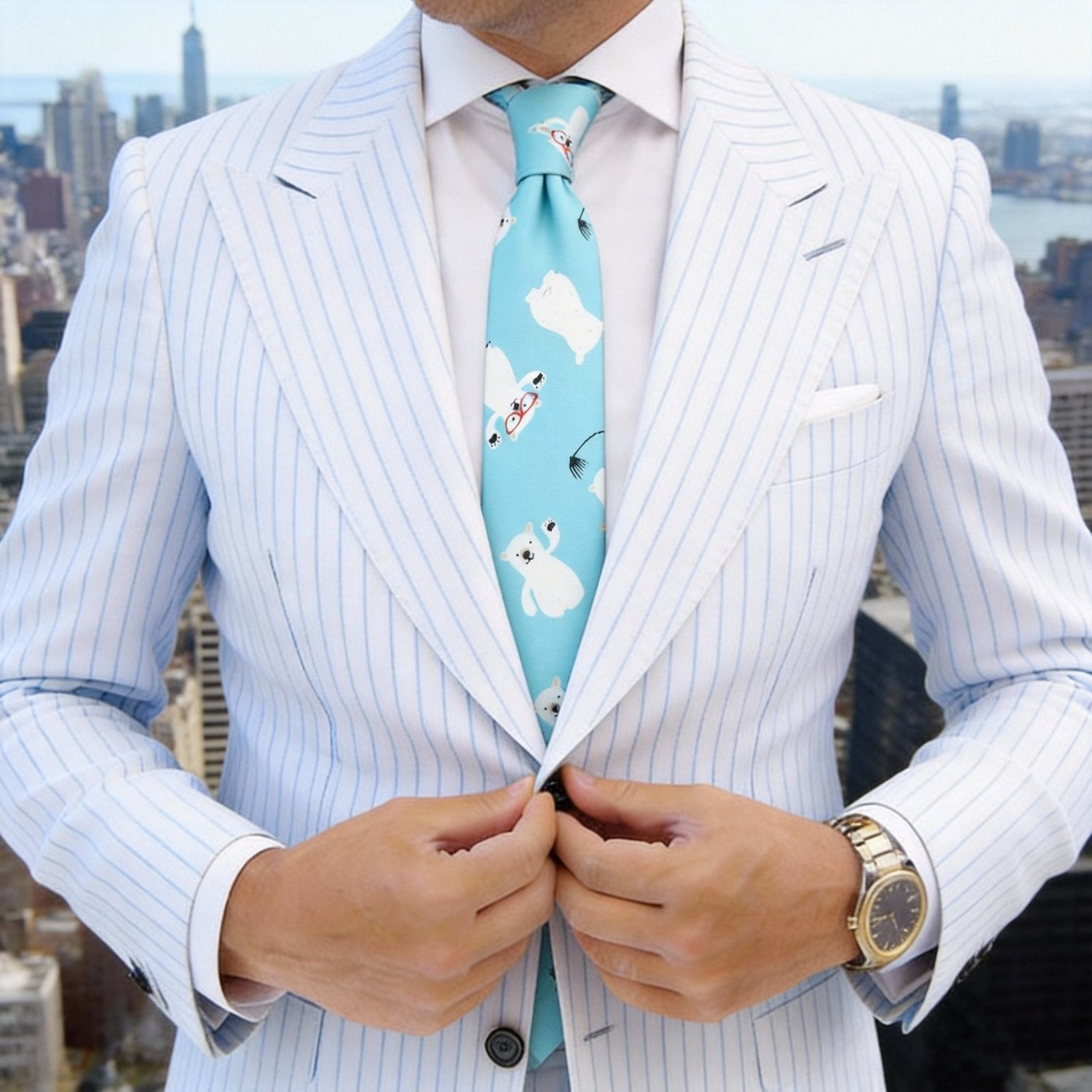 Light Turquoise Blue With White Polar Bear Necktie