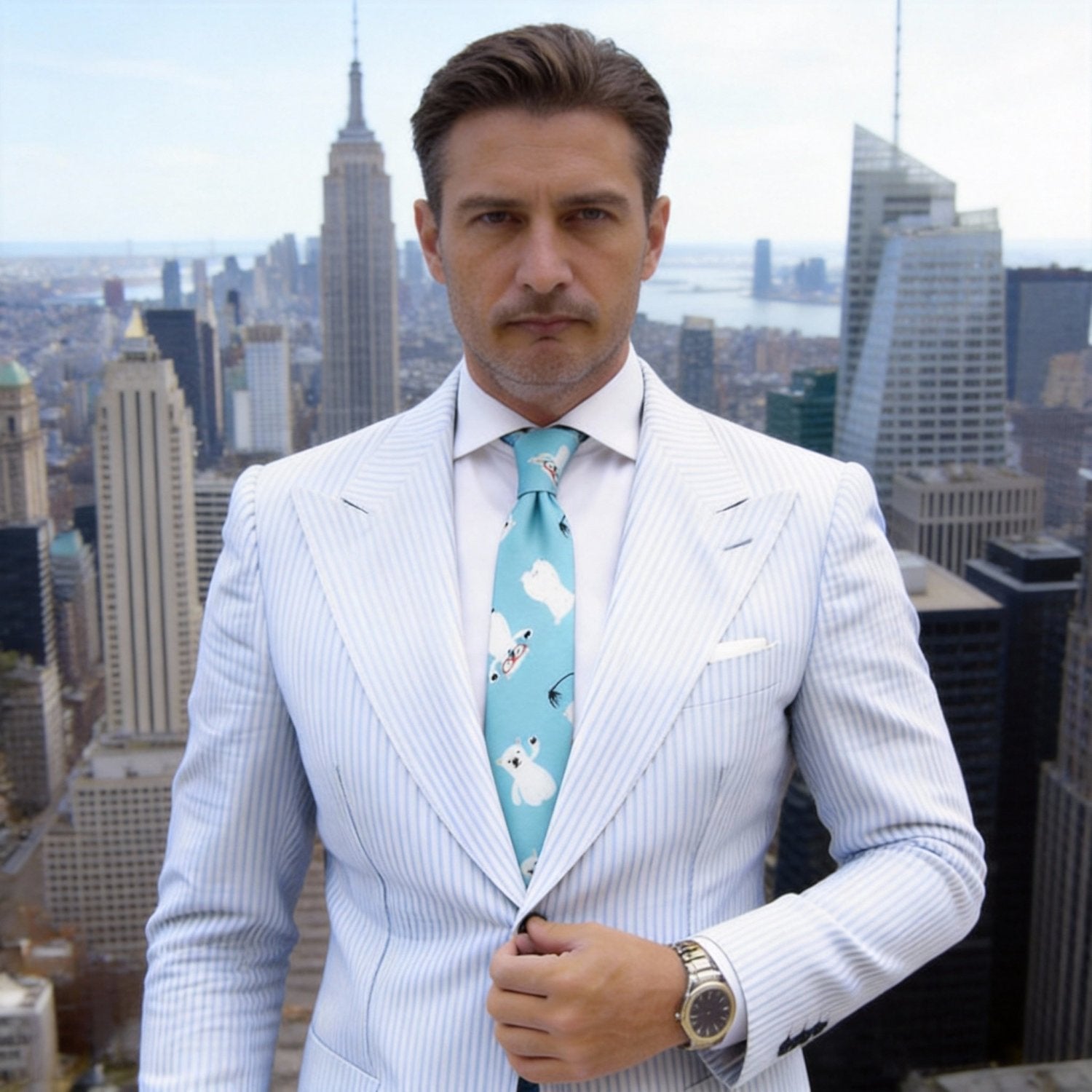 Light Turquoise Blue With White Polar Bear Necktie