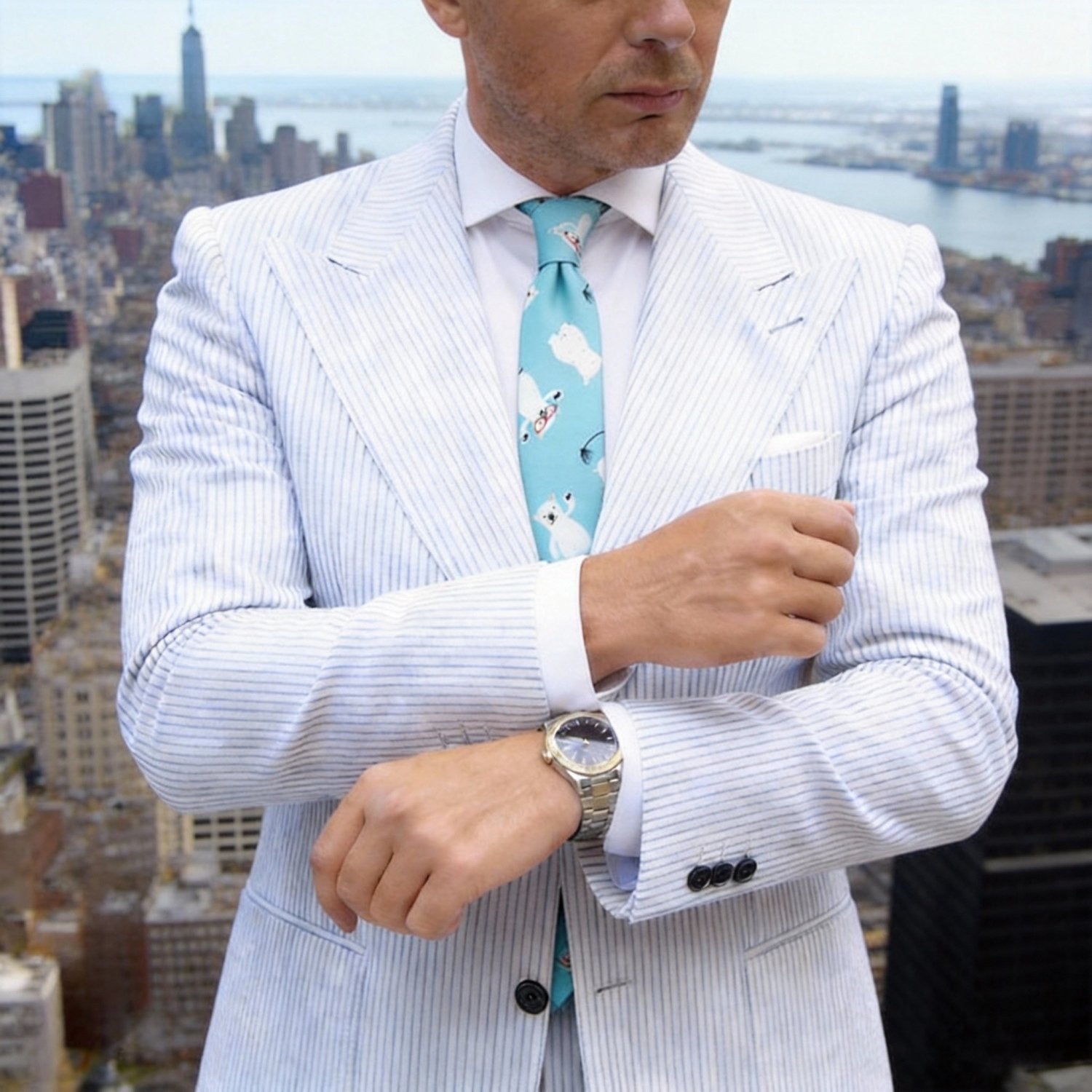 Light Turquoise Blue With White Polar Bear Necktie