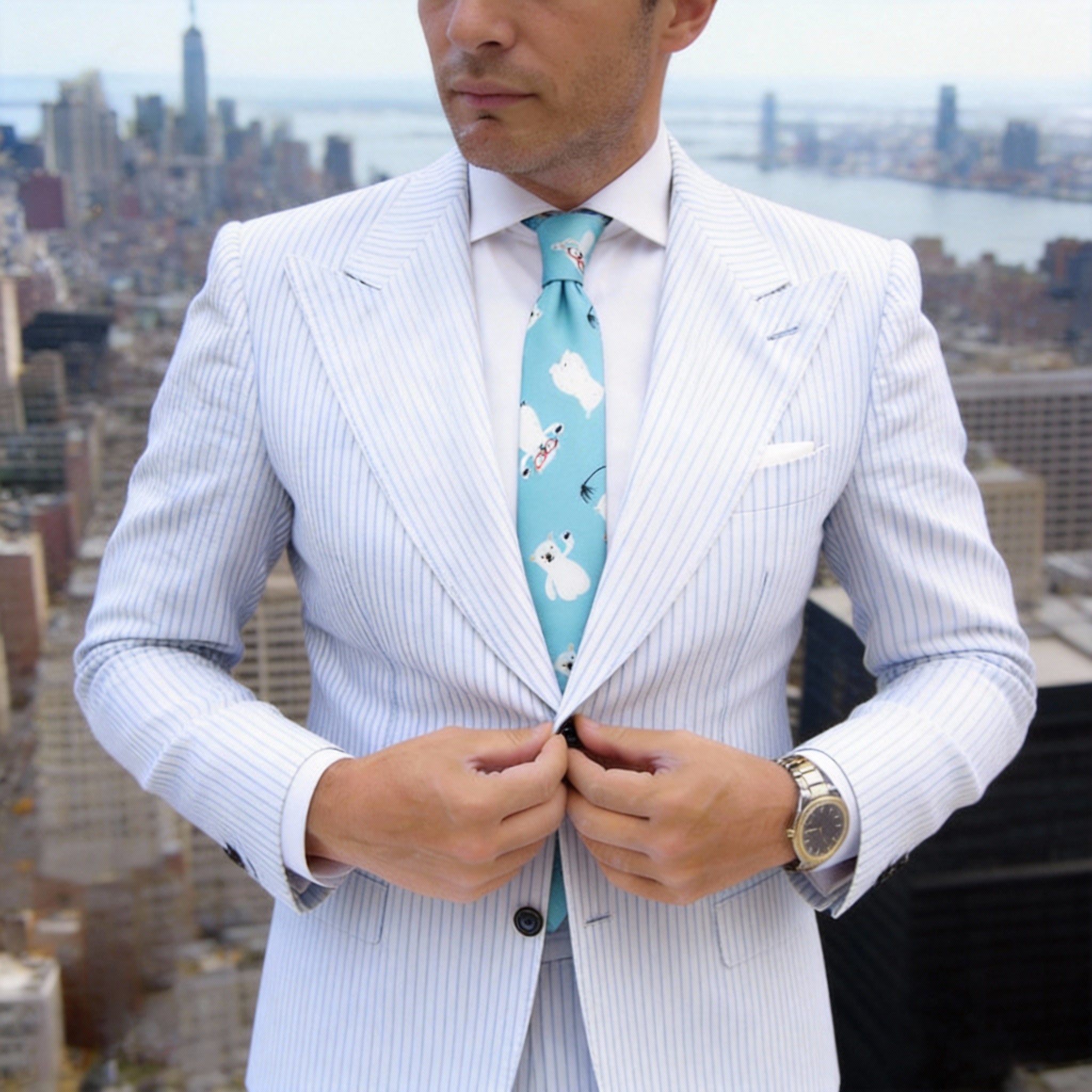 Light Turquoise Blue With White Polar Bear Necktie